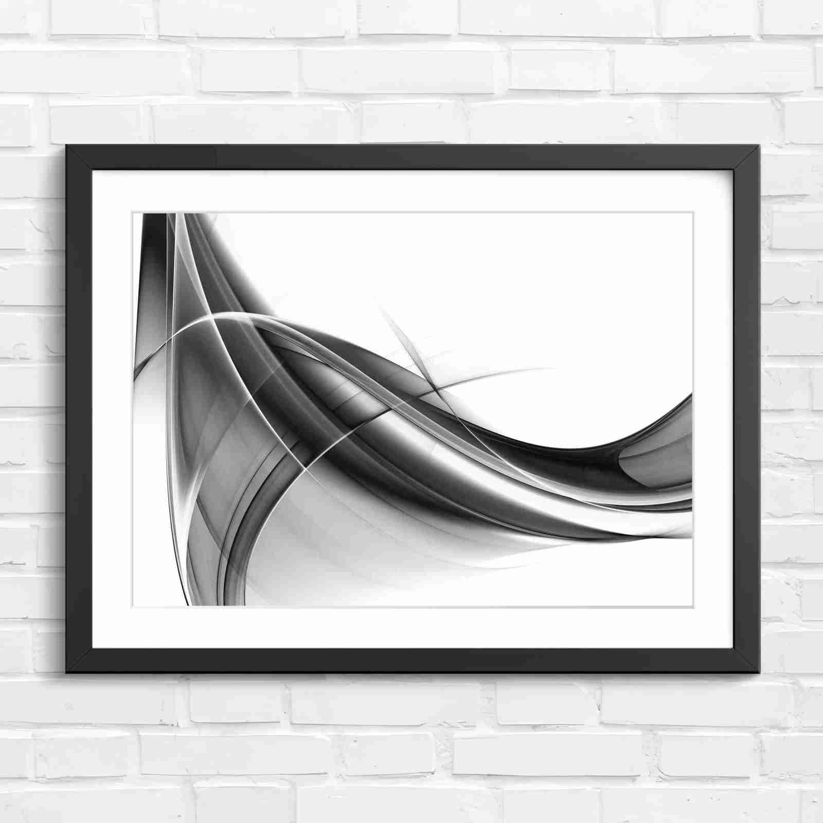 Gold and Grey Abstract Waves - Black & White in Black Frame