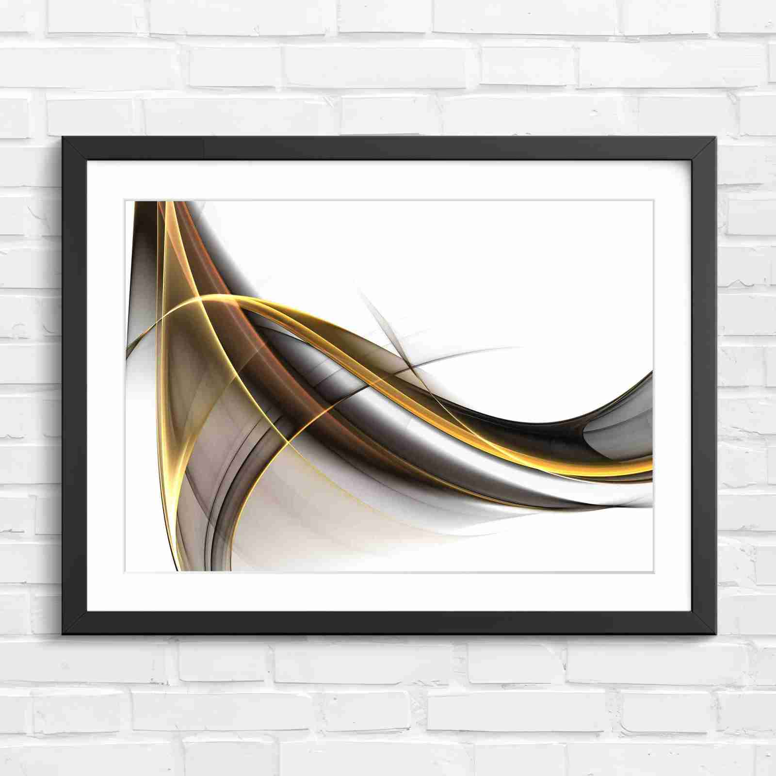 Gold and Grey Abstract Waves - Original in Black Frame