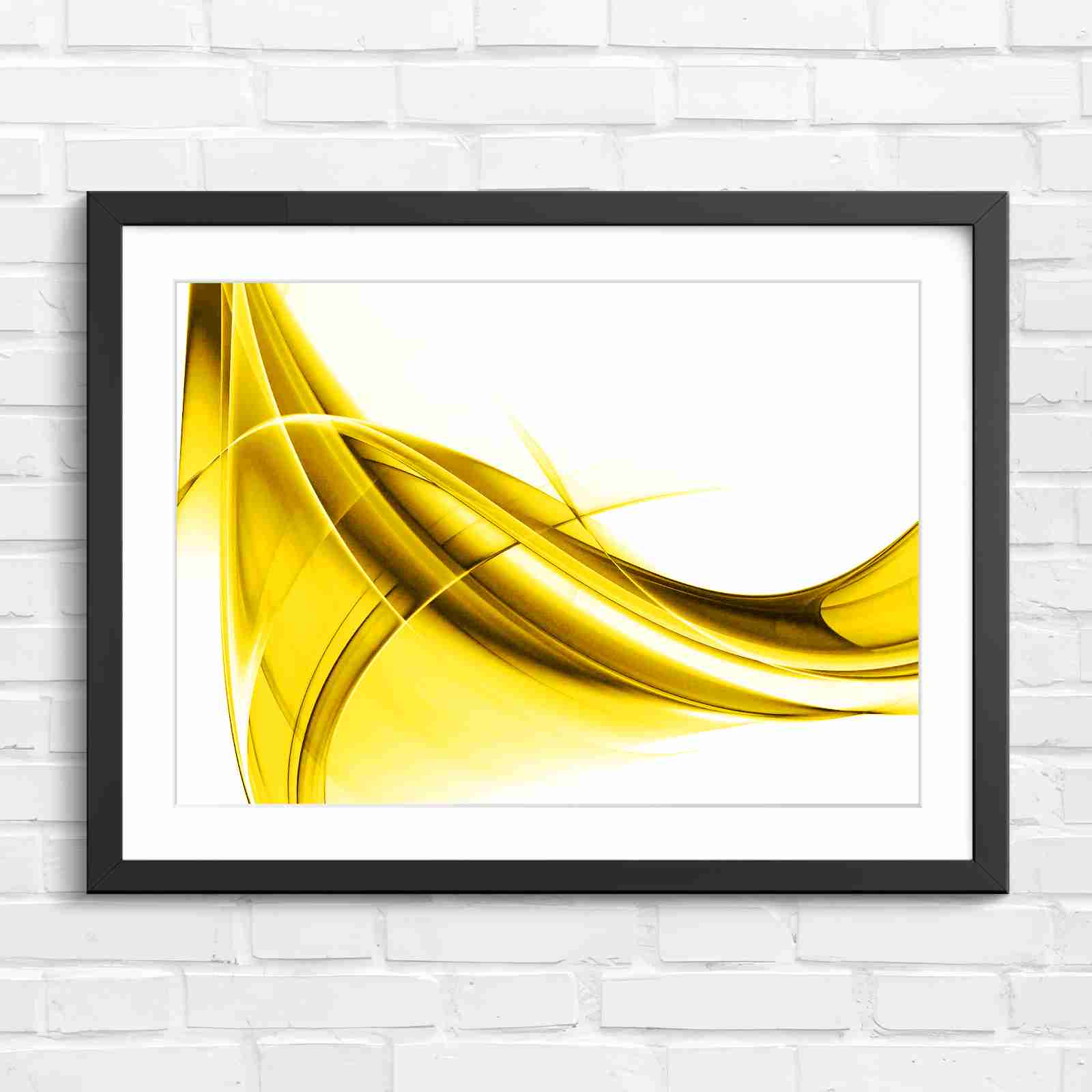 Gold and Grey Abstract Waves - Yellow in Black Frame