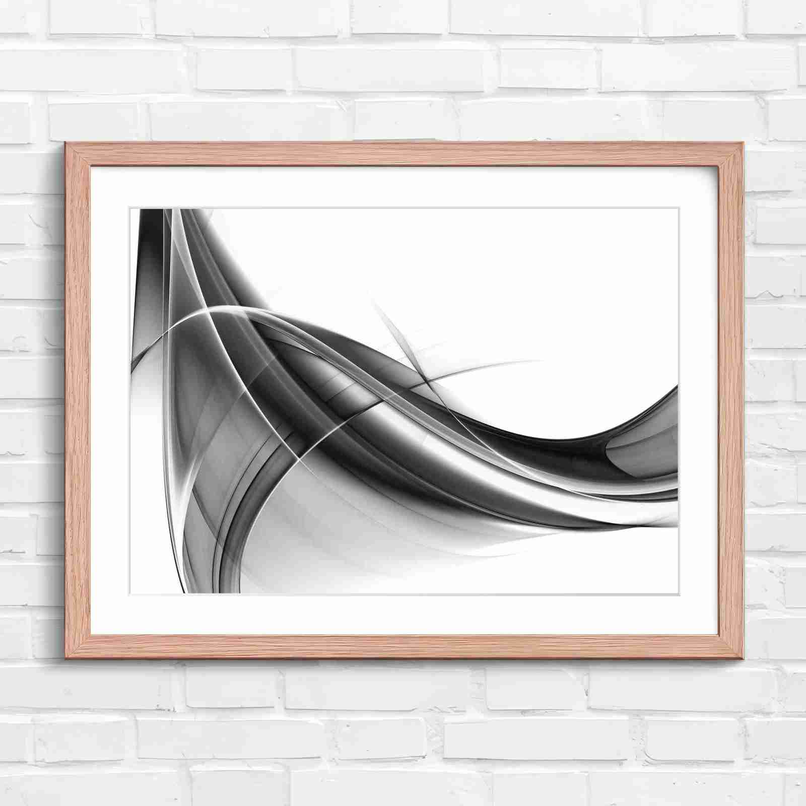 Gold and Grey Abstract Waves - Black & White in Oak Frame
