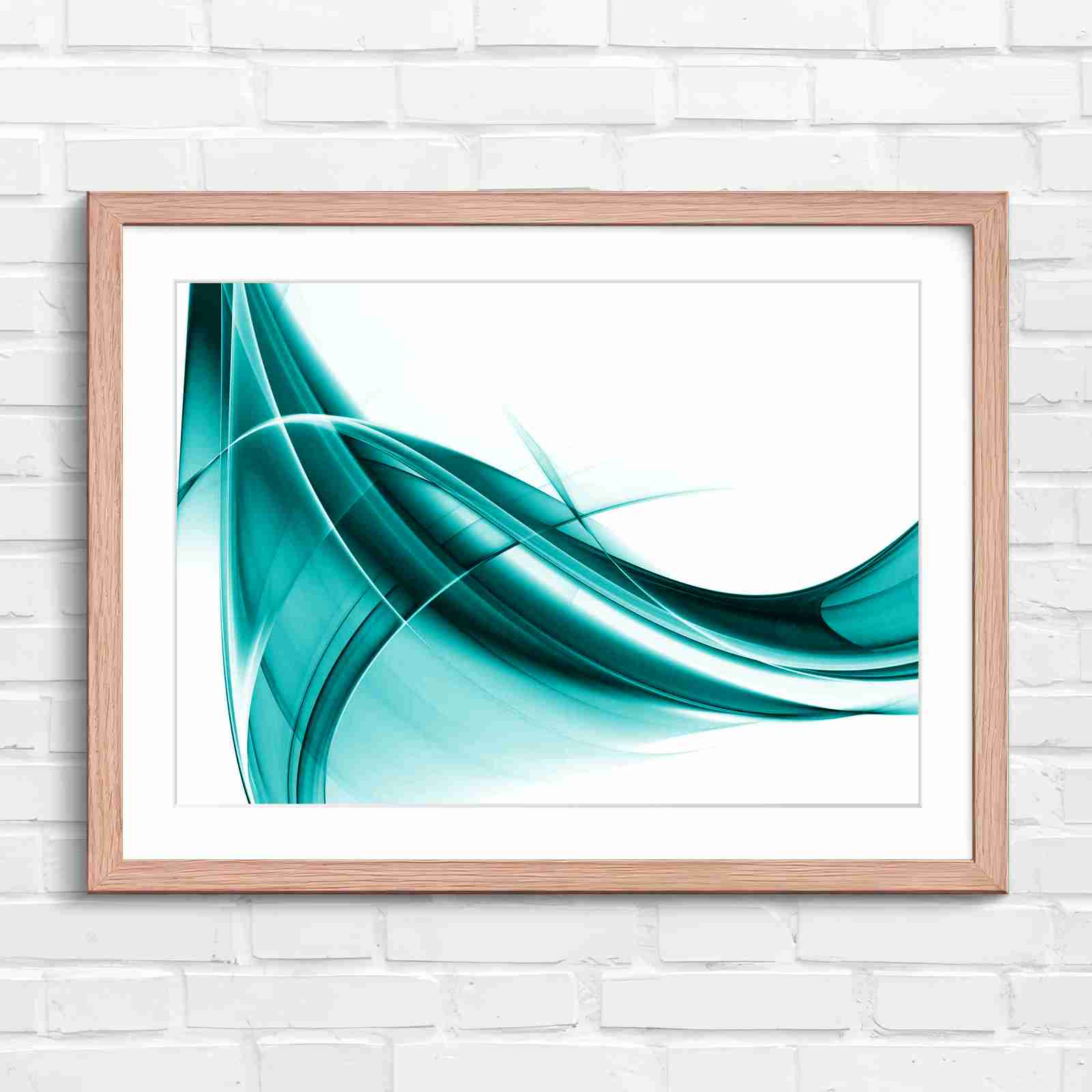 Gold and Grey Abstract Waves - Teal in Oak Frame