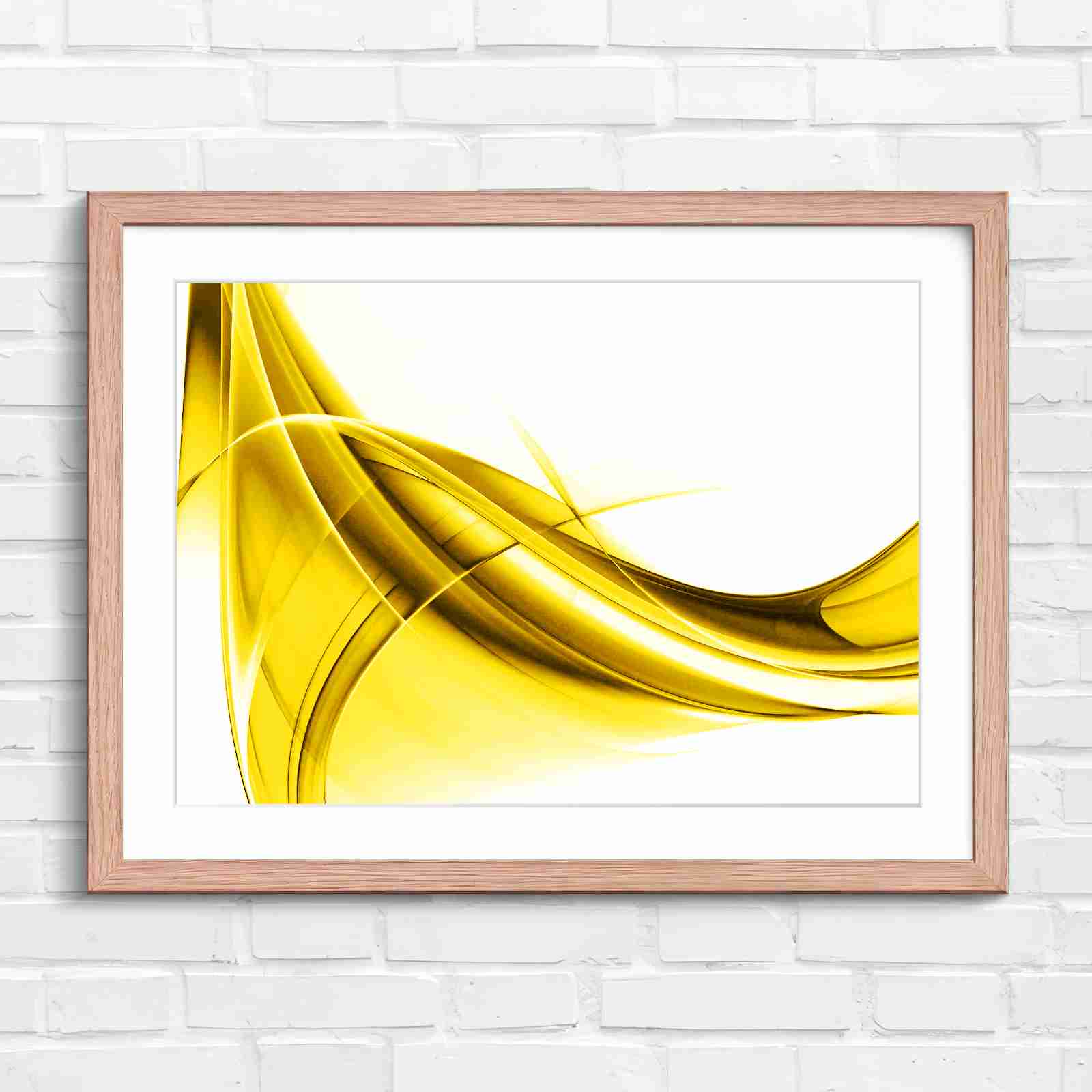 Gold and Grey Abstract Waves - Yellow in Oak Frame