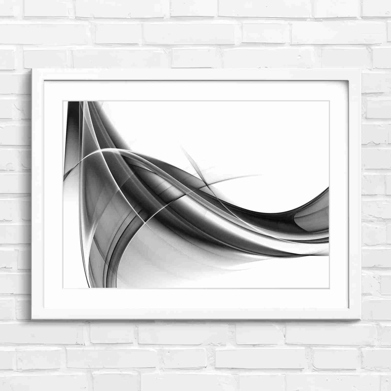 Gold and Grey Abstract Waves - Black & White in White Frame
