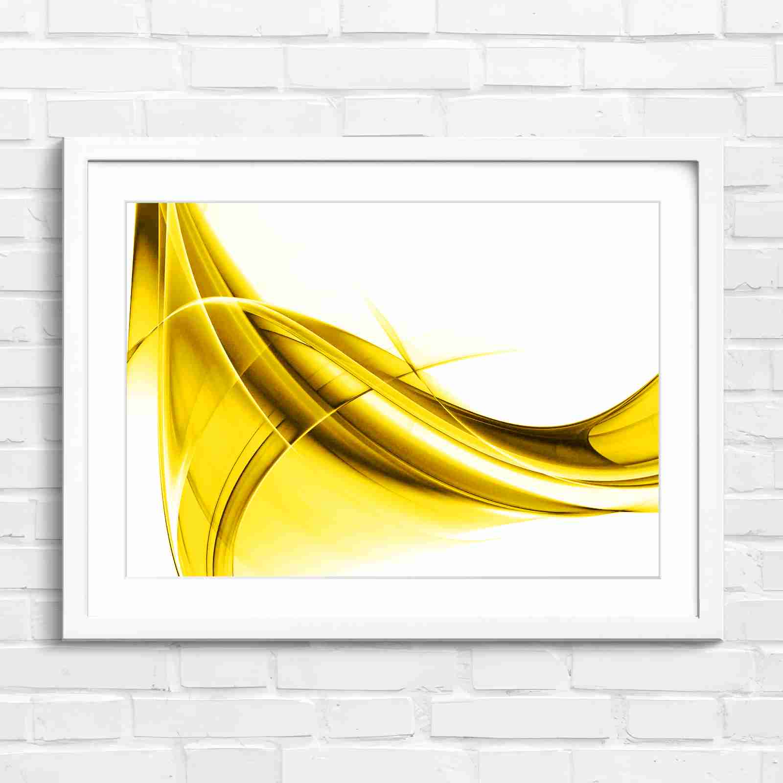 Gold and Grey Abstract Waves - Yellow in White Frame