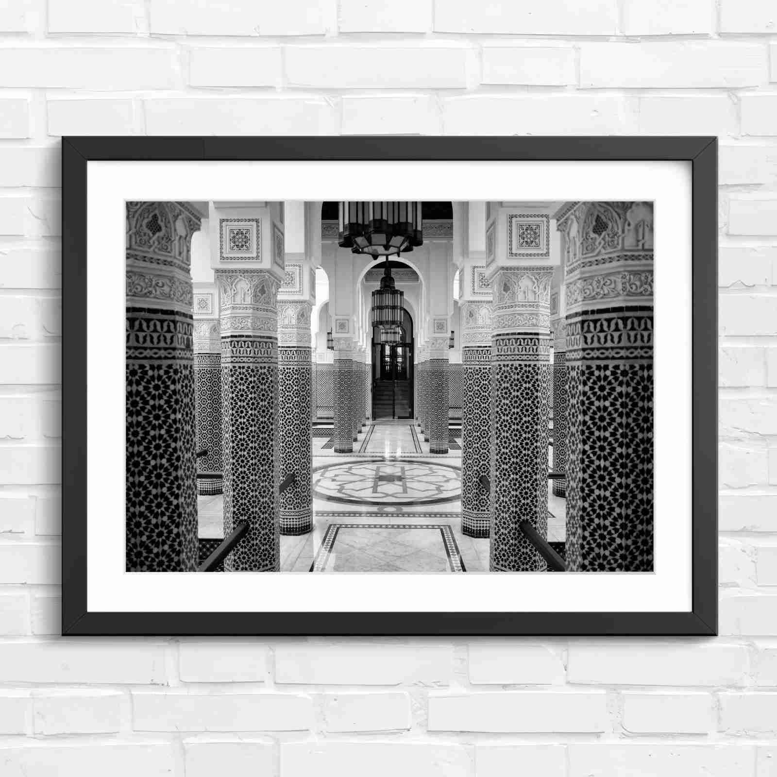 Moroccan Architecture Maze Tiles - Black & White in Black Frame