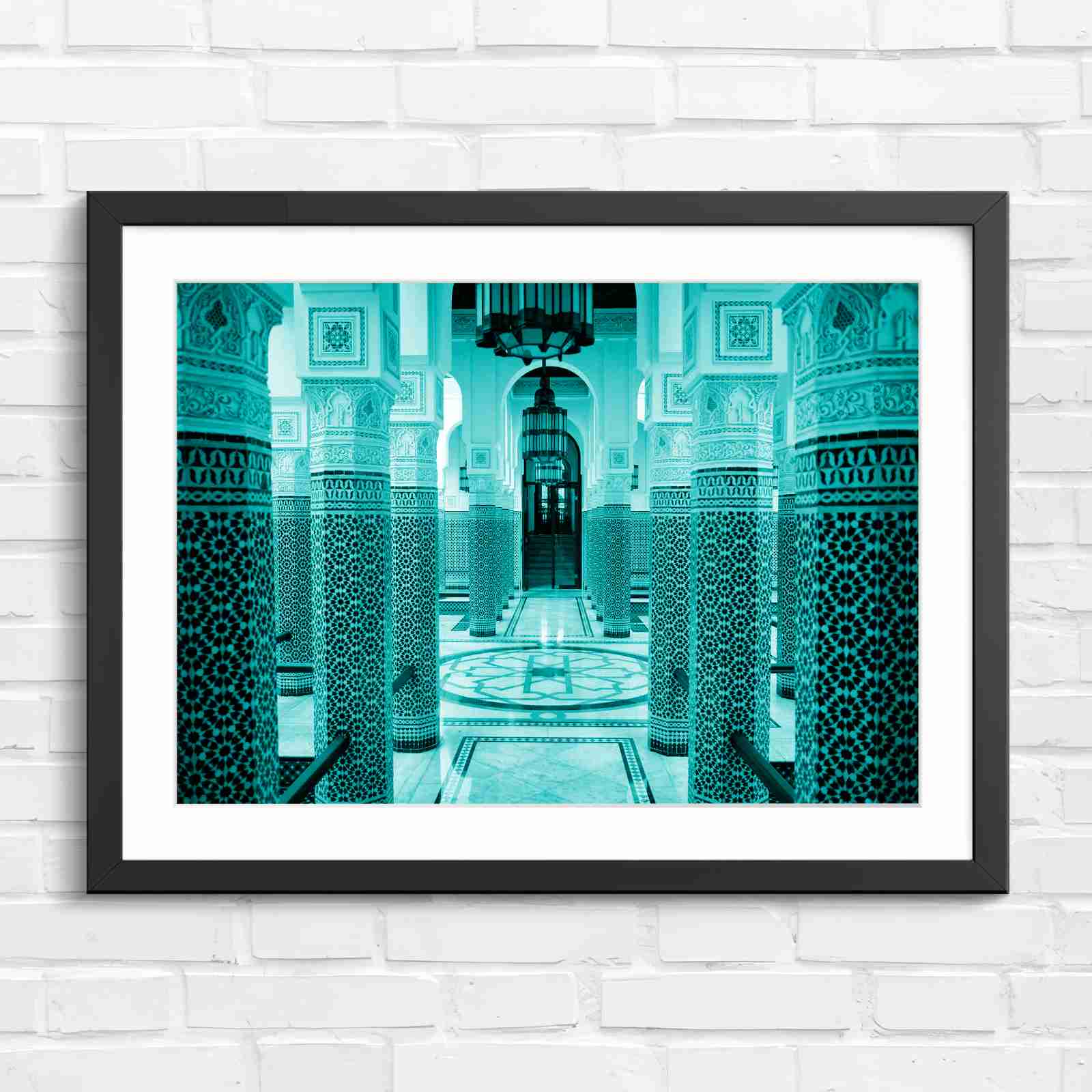Moroccan Architecture Maze Tiles - Teal in Black Frame