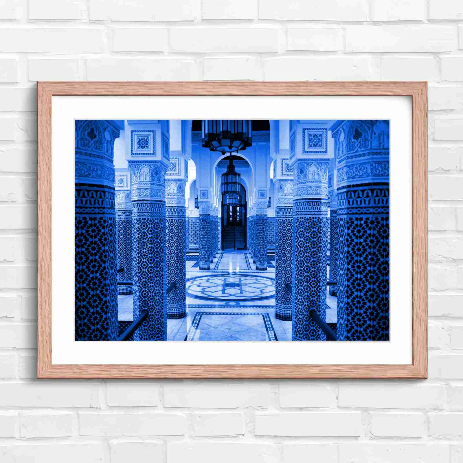 Moroccan Architecture Maze Tiles - Blue in Oak Frame