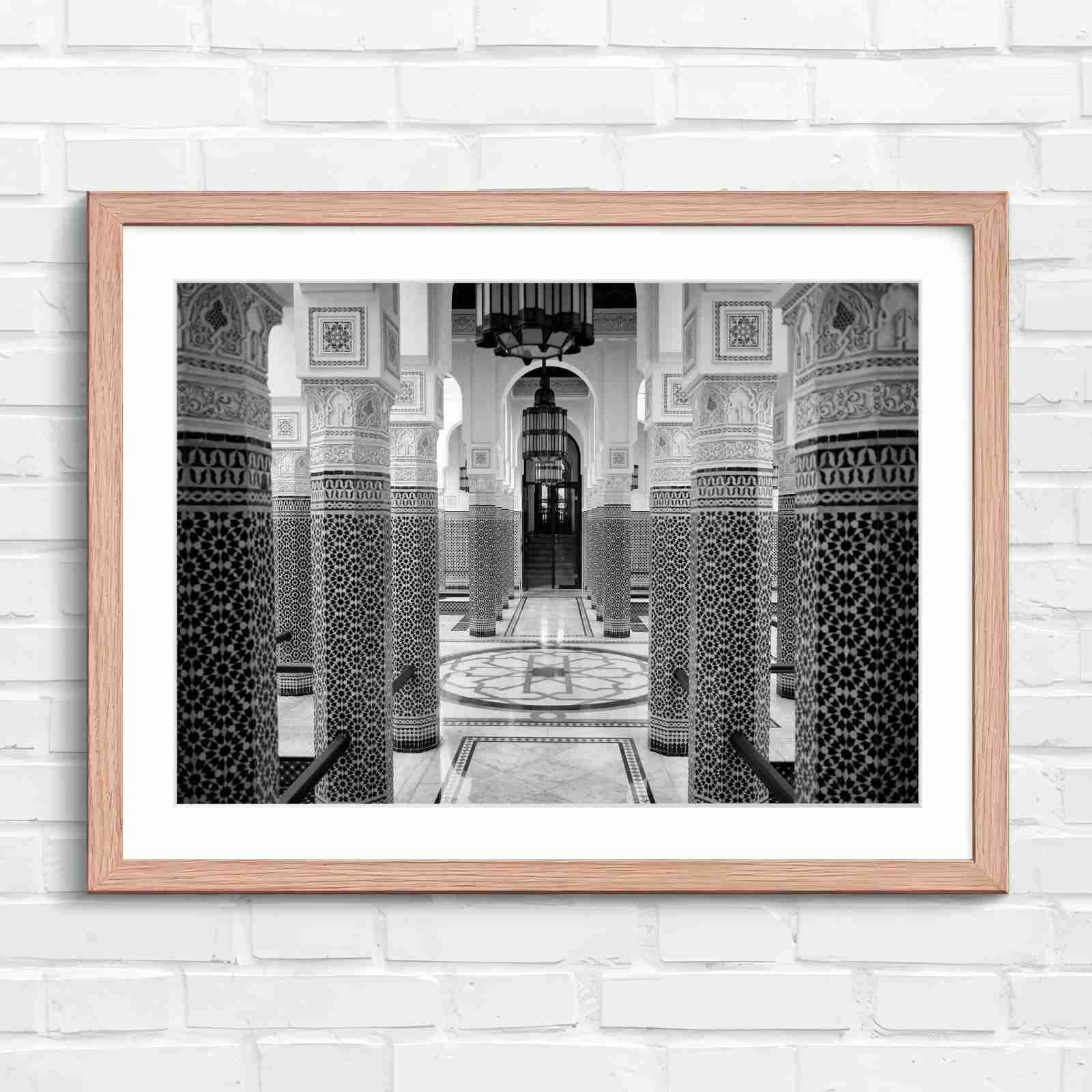 Moroccan Architecture Maze Tiles - Black & White in Oak Frame