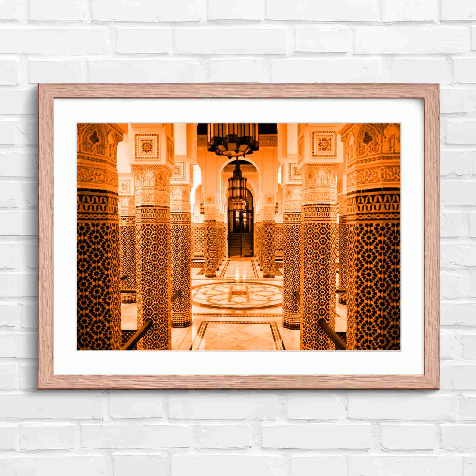 Moroccan Architecture Maze Tiles - Orange in Oak Frame