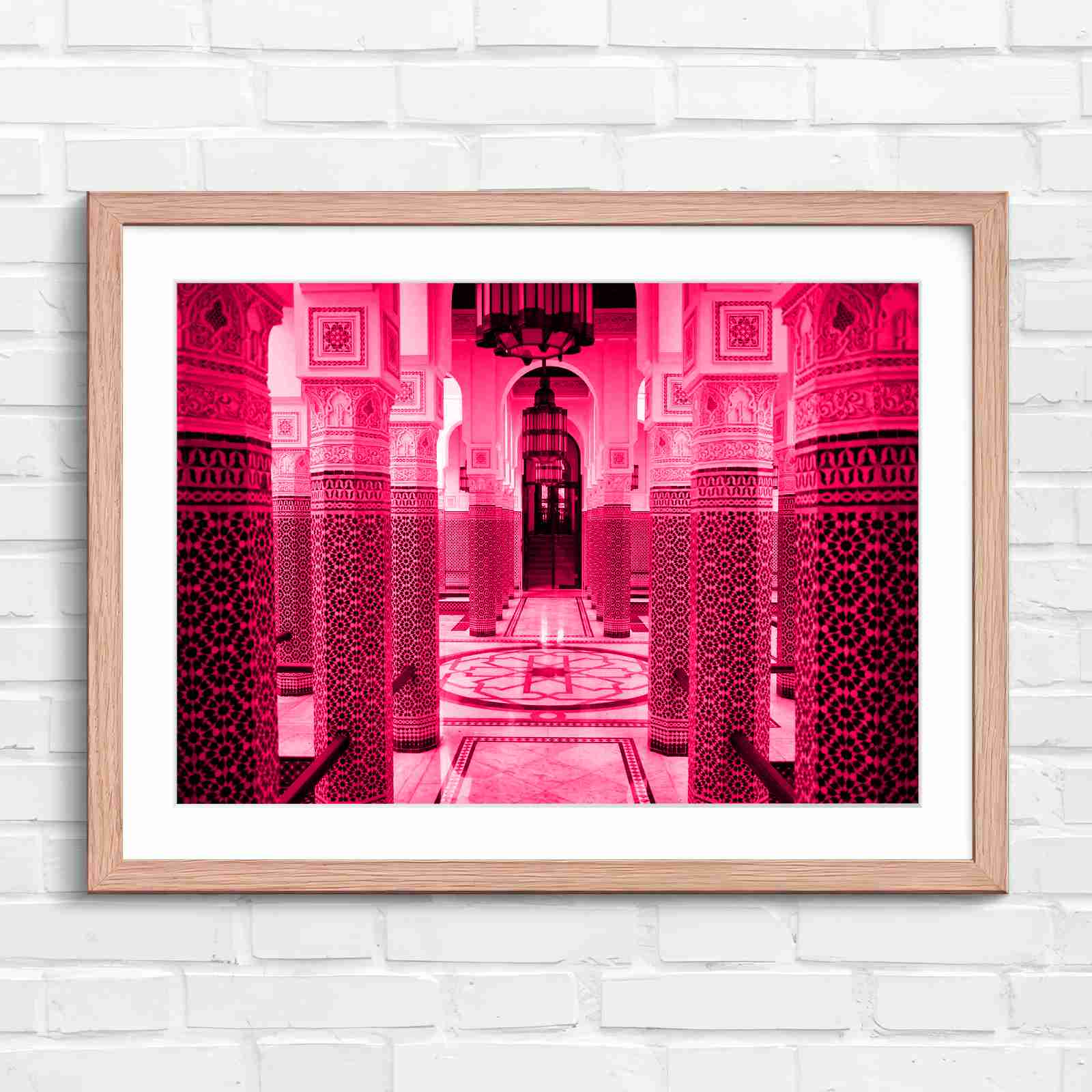 Moroccan Architecture Maze Tiles - Pink in Oak Frame