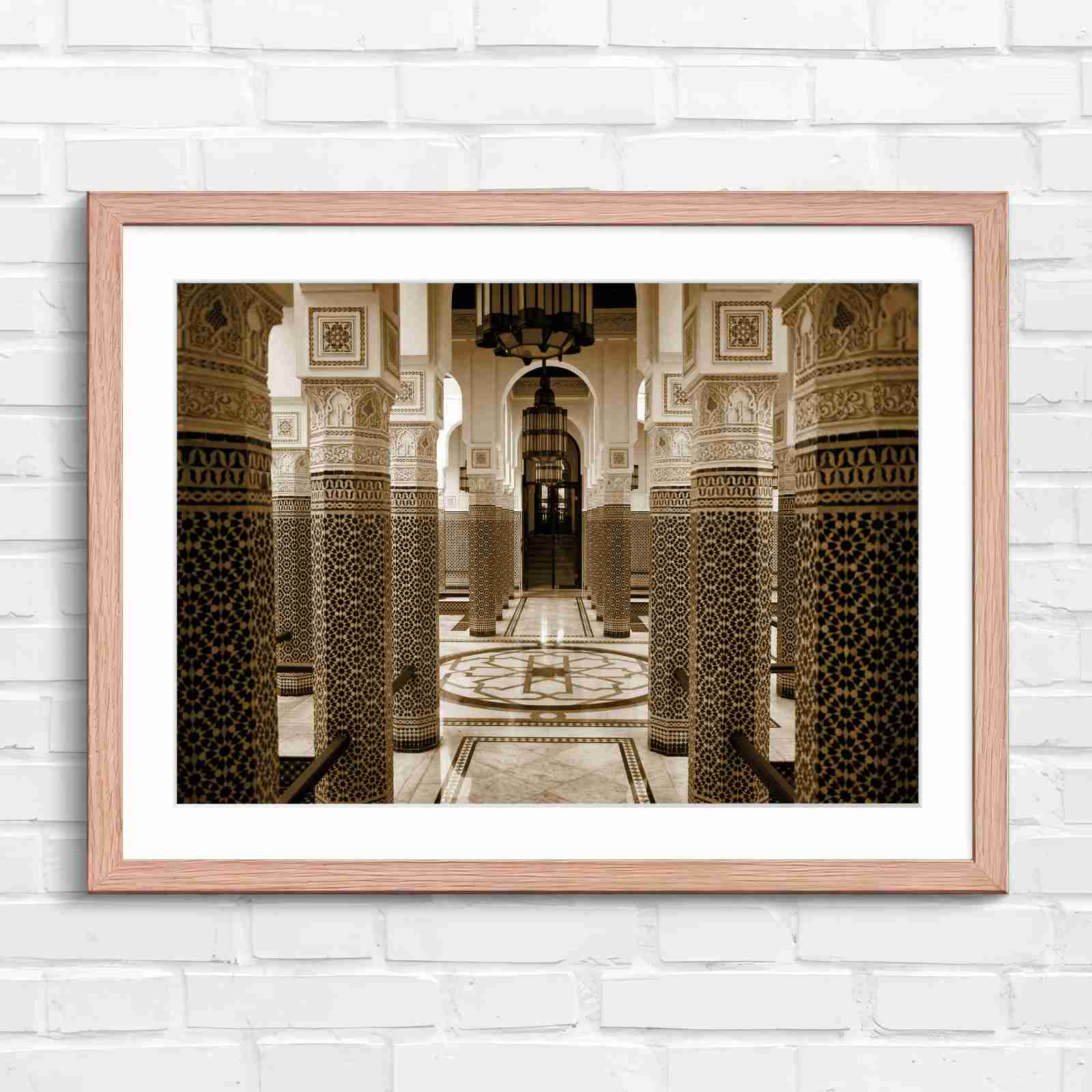 Moroccan Architecture Maze Tiles - Sepia in Oak Frame