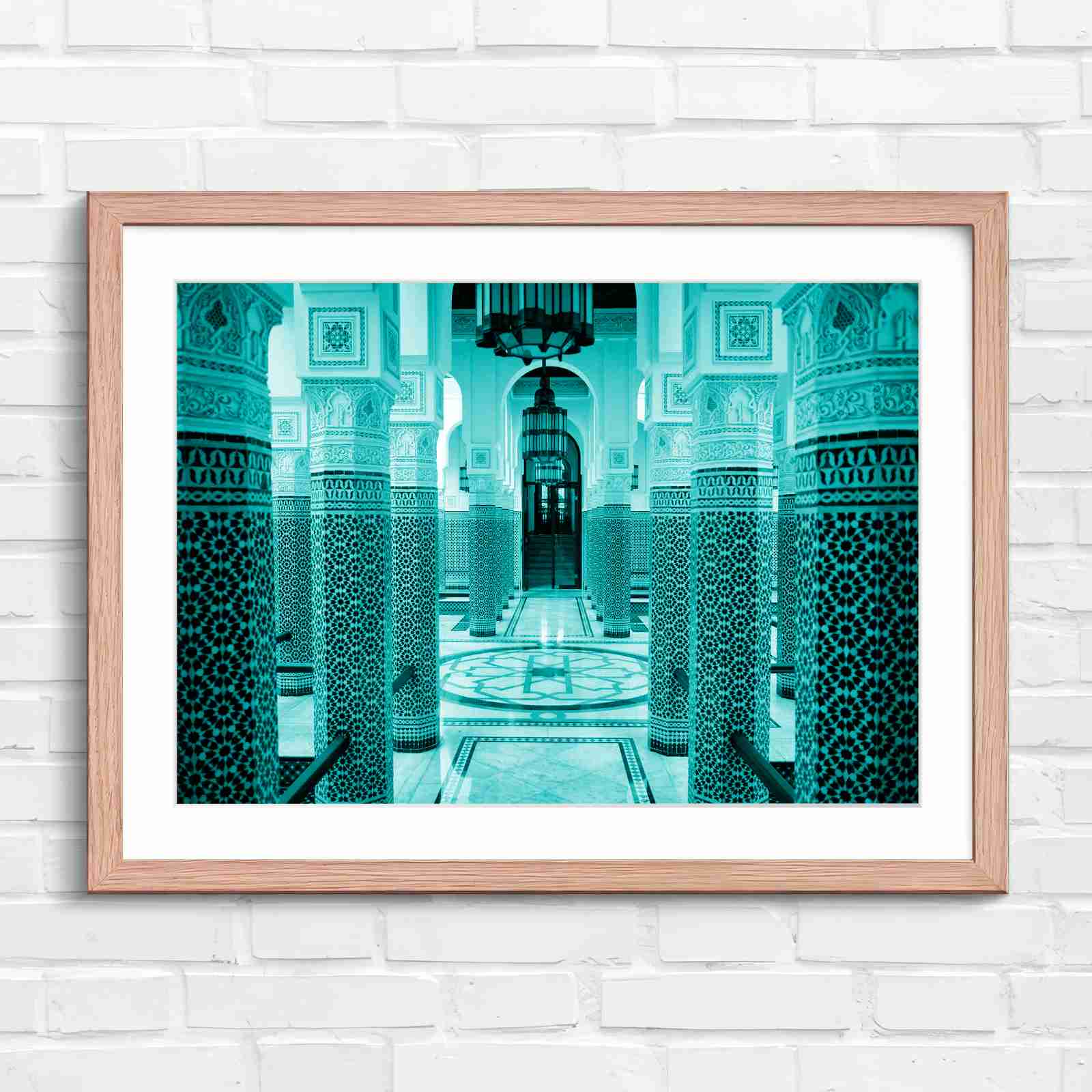 Moroccan Architecture Maze Tiles - Teal in Oak Frame