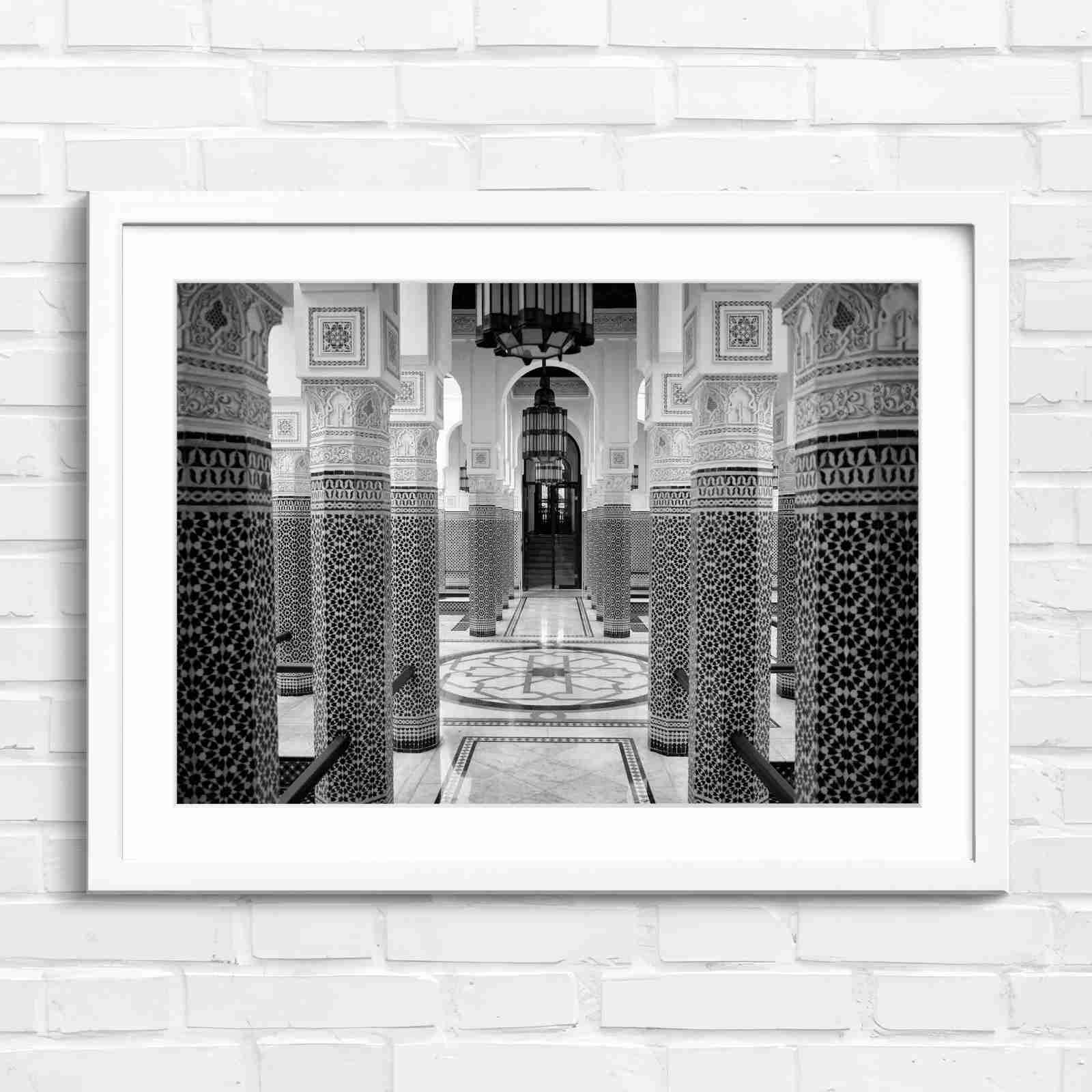 Moroccan Architecture Maze Tiles - Black & White in White Frame