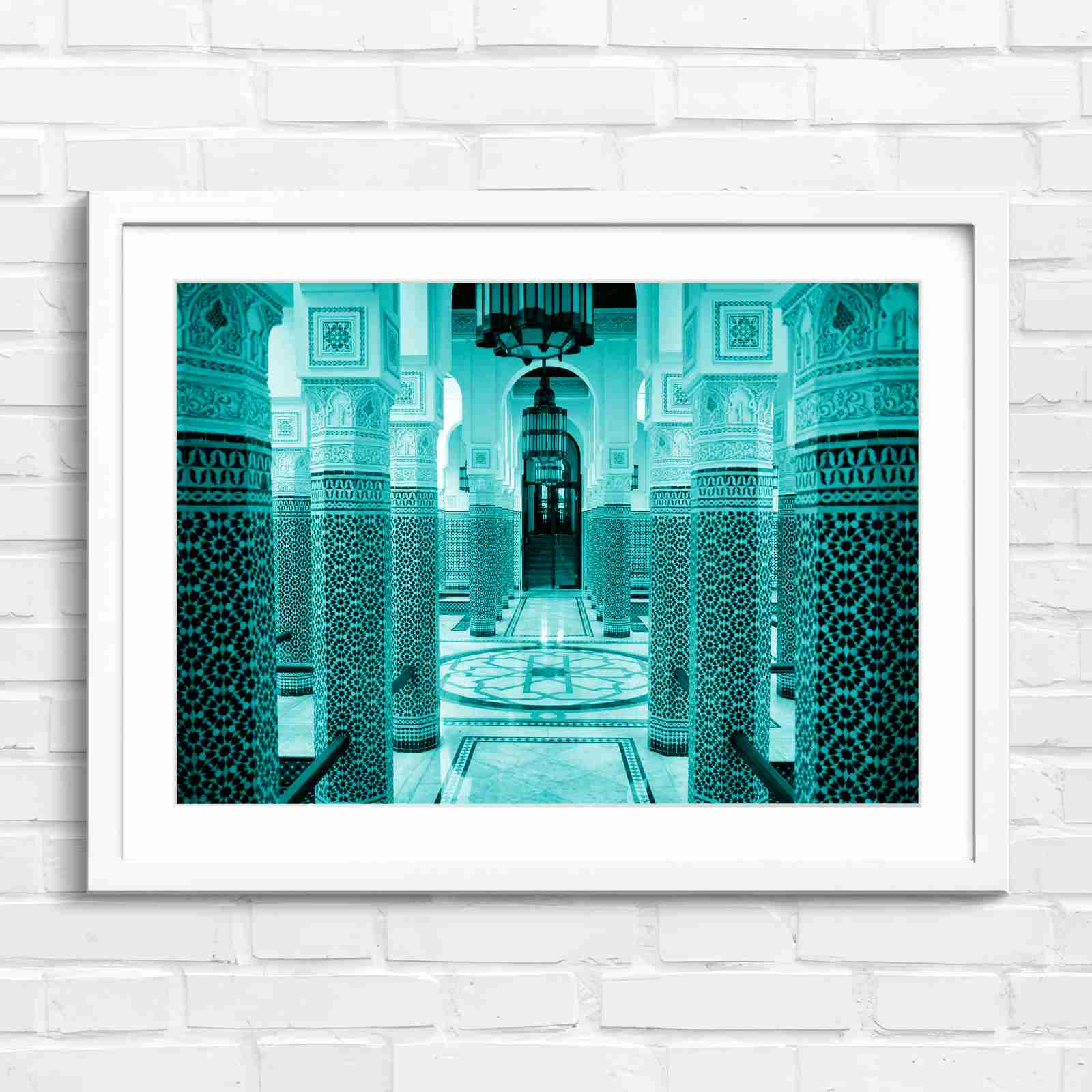Moroccan Architecture Maze Tiles - Teal in White Frame