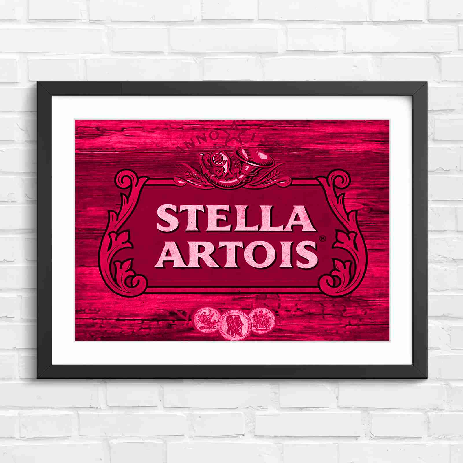 Stella Artois Vintage Brewery Logo Sign - Pink in Black Frame