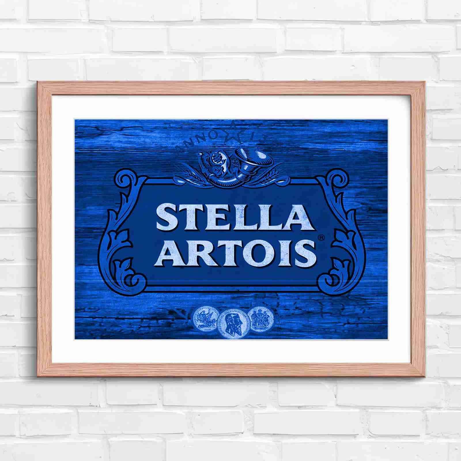 Stella Artois Vintage Brewery Logo Sign - Blue in Oak Frame