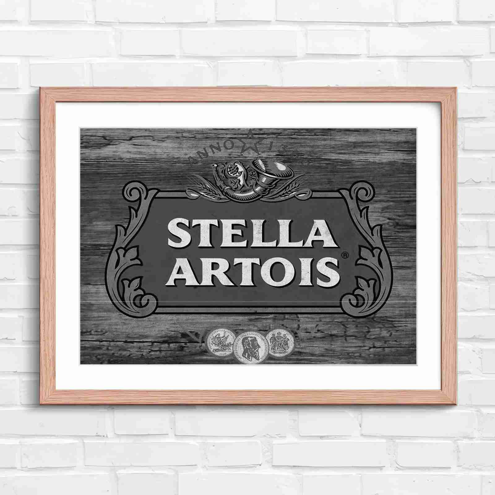 Stella Artois Vintage Brewery Logo Sign - Black & White in Oak Frame