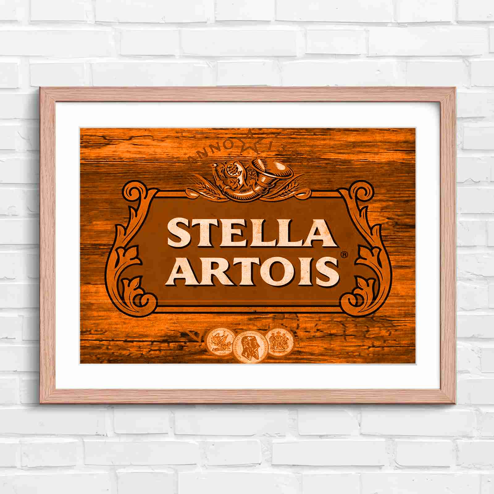 Stella Artois Vintage Brewery Logo Sign - Orange in Oak Frame