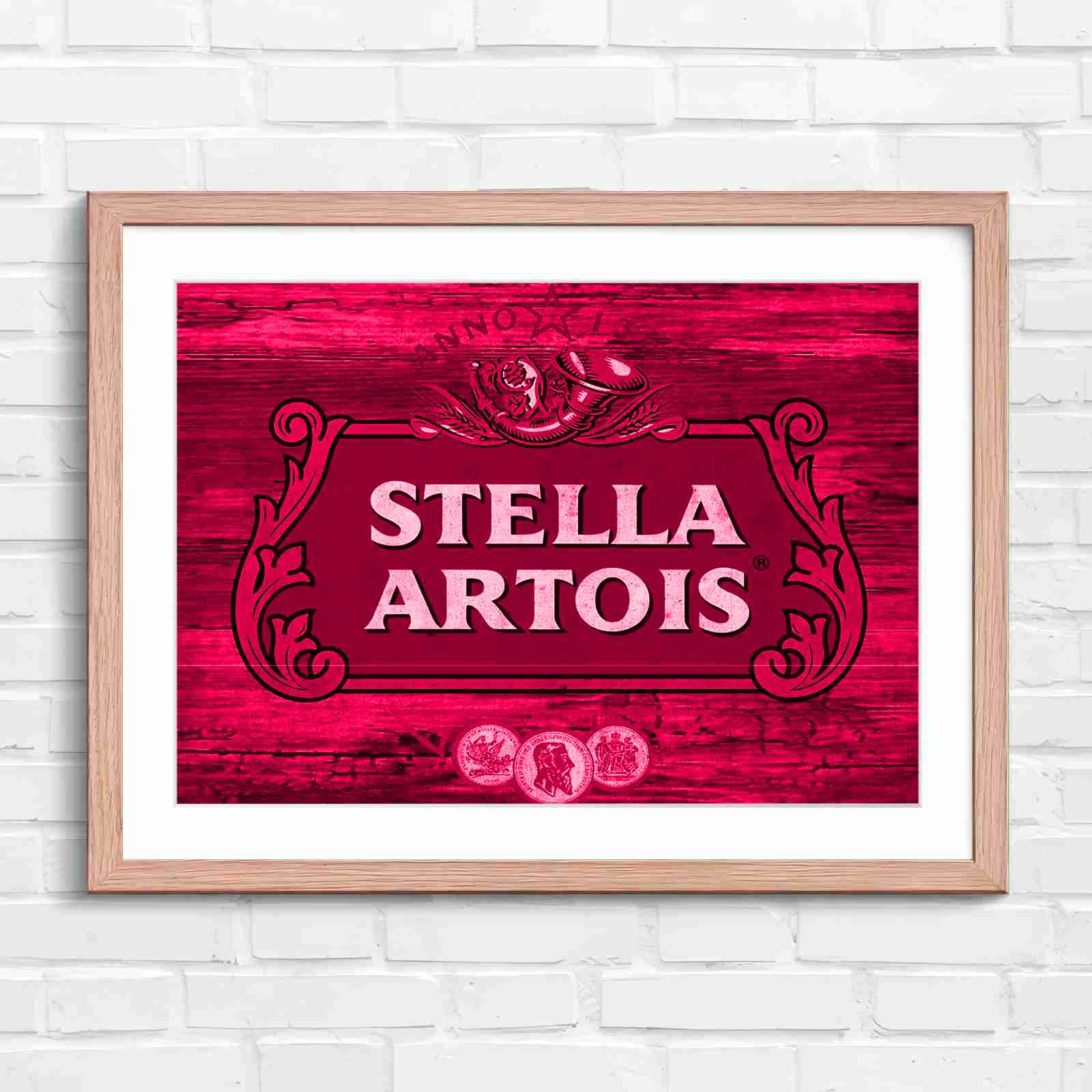 Stella Artois Vintage Brewery Logo Sign - Pink in Oak Frame
