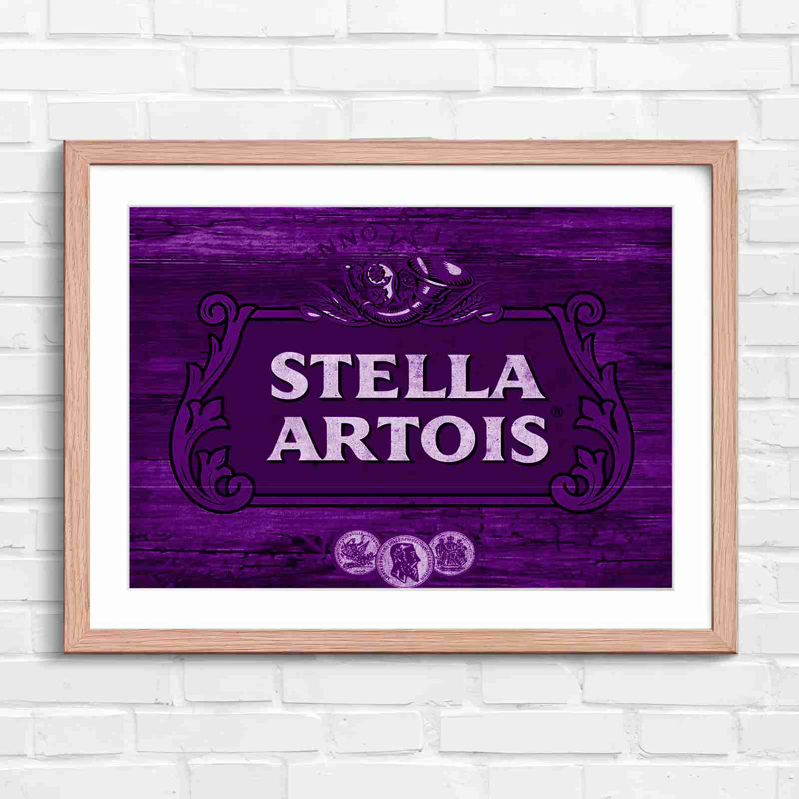 Stella Artois Vintage Brewery Logo Sign - Purple in Oak Frame