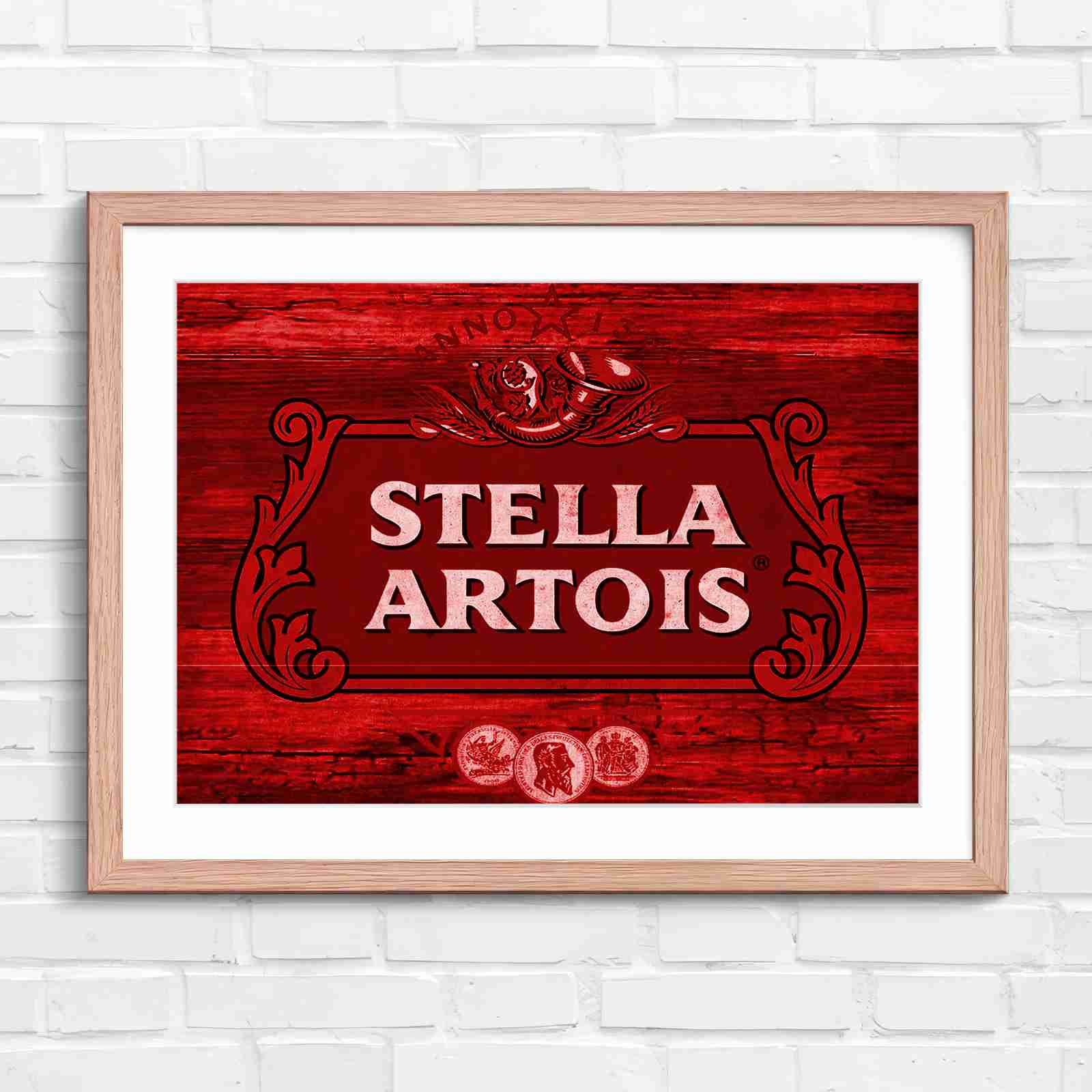 Stella Artois Vintage Brewery Logo Sign - Red in Oak Frame
