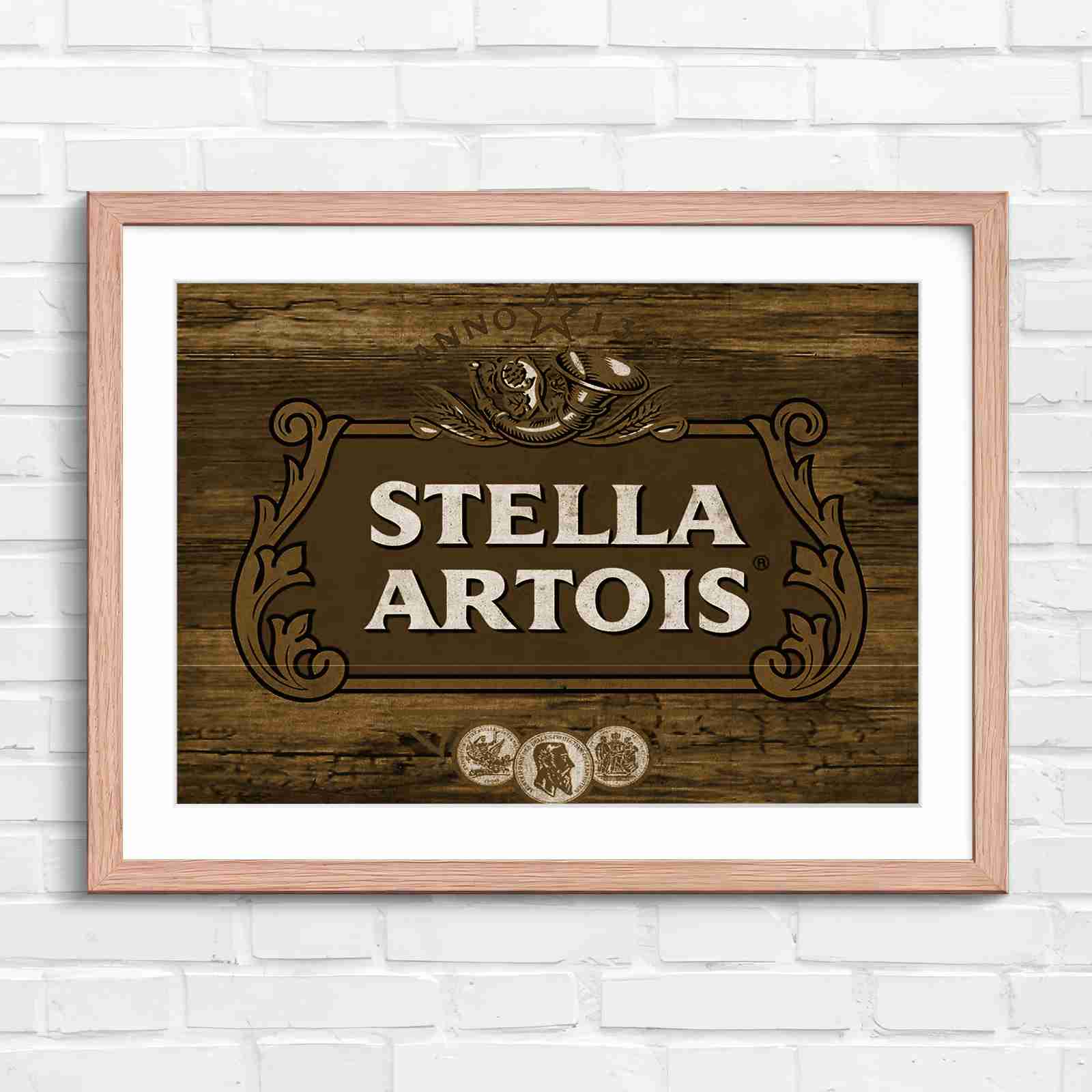 Stella Artois Vintage Brewery Logo Sign - Sepia in Oak Frame