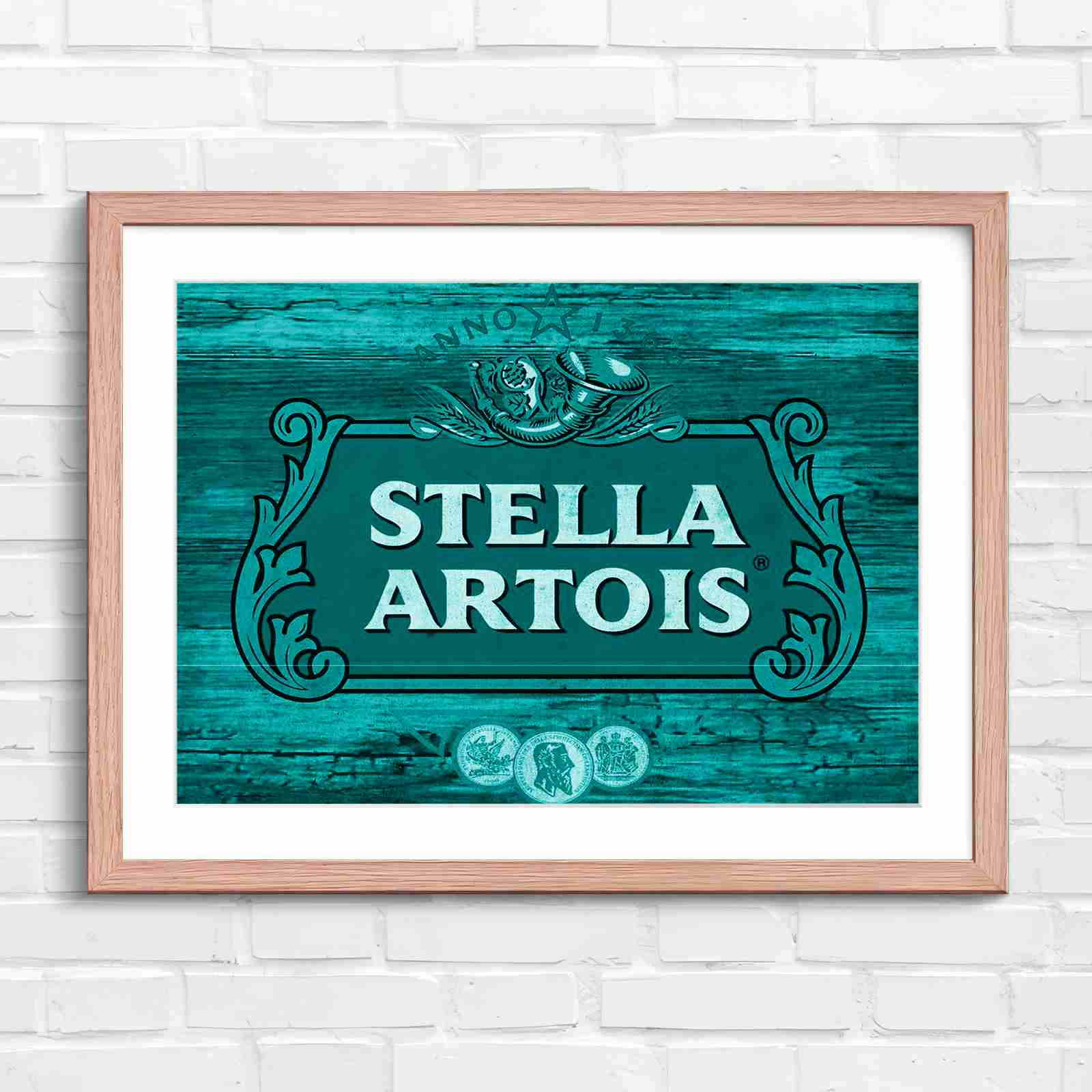 Stella Artois Vintage Brewery Logo Sign - Teal in Oak Frame