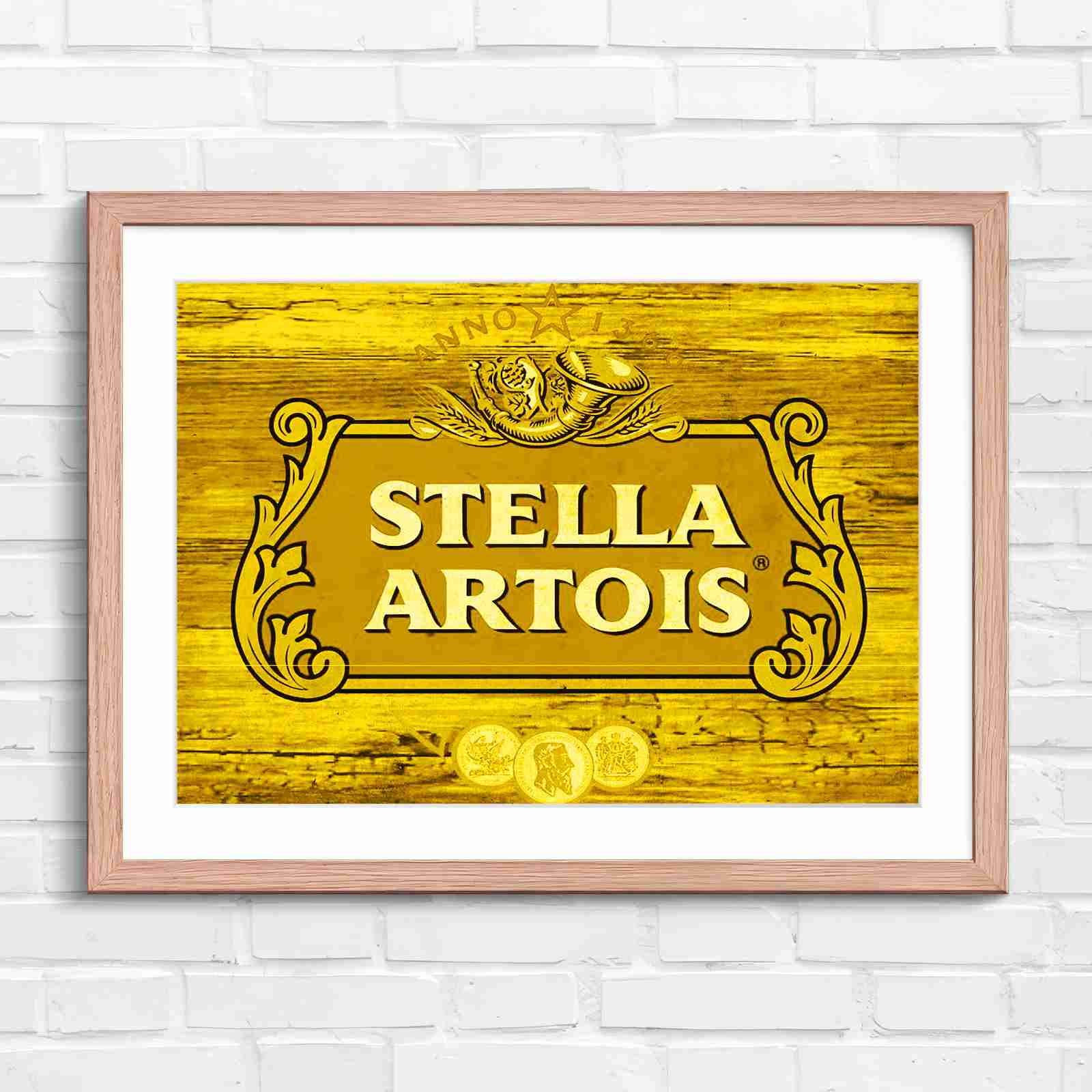 Stella Artois Vintage Brewery Logo Sign - Yellow in Oak Frame