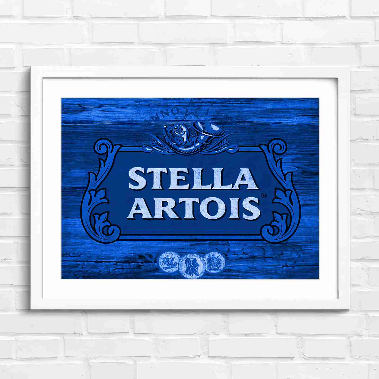 Stella Artois Vintage Brewery Logo Sign - Blue in White Frame