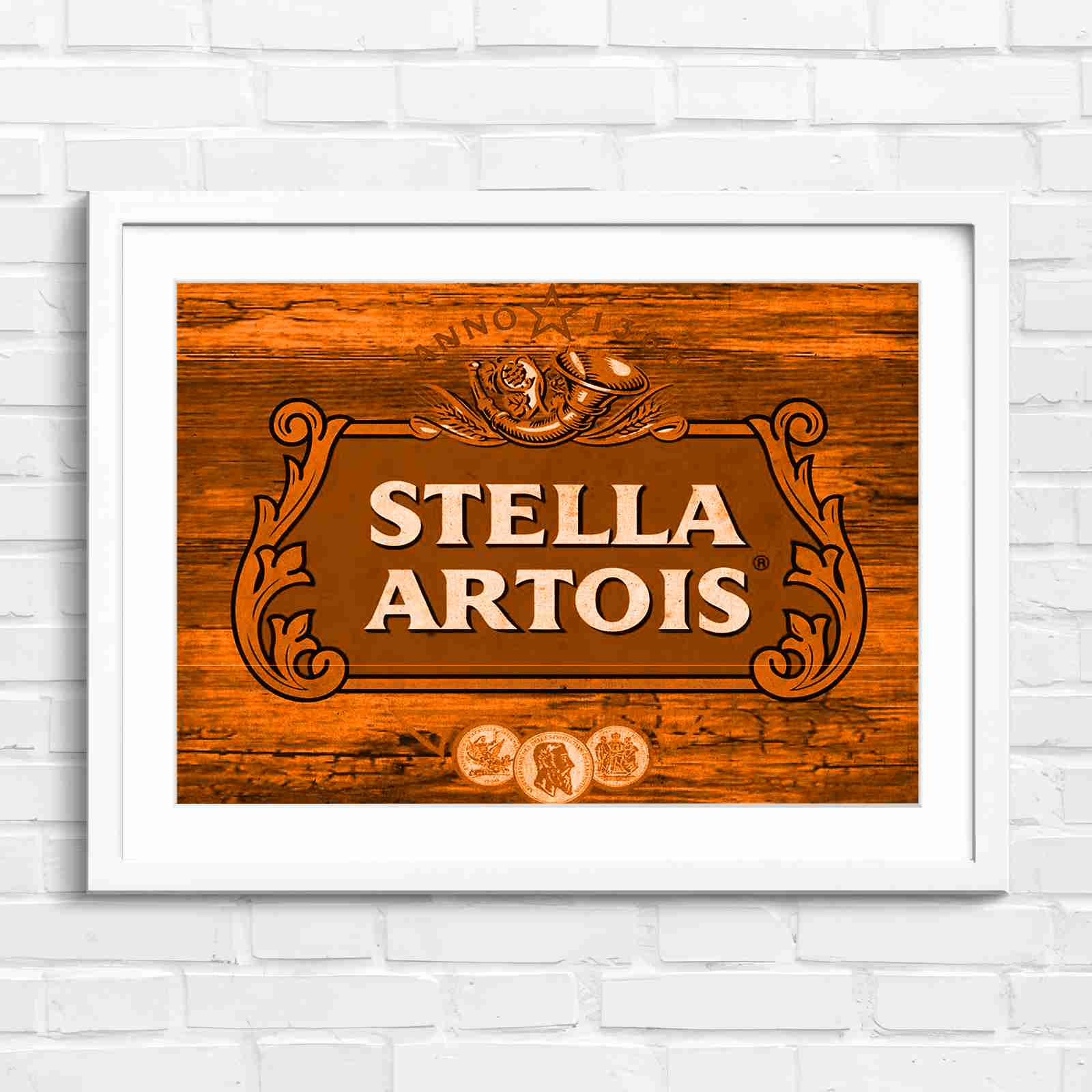 Stella Artois Vintage Brewery Logo Sign - Orange in White Frame