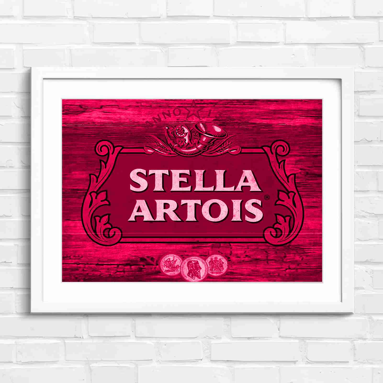 Stella Artois Vintage Brewery Logo Sign - Pink in White Frame
