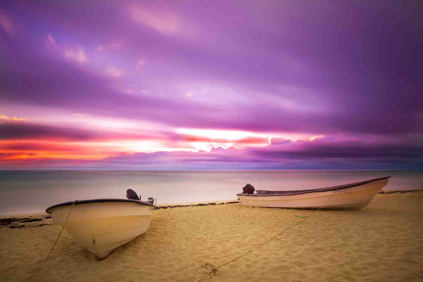 Serene Beach Sunset Boats Wall Art