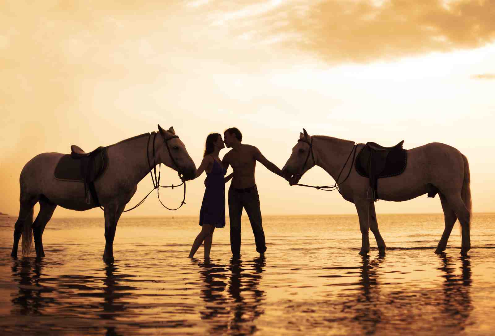 Romantic Couple & Horses Sunset Beach Wall Art