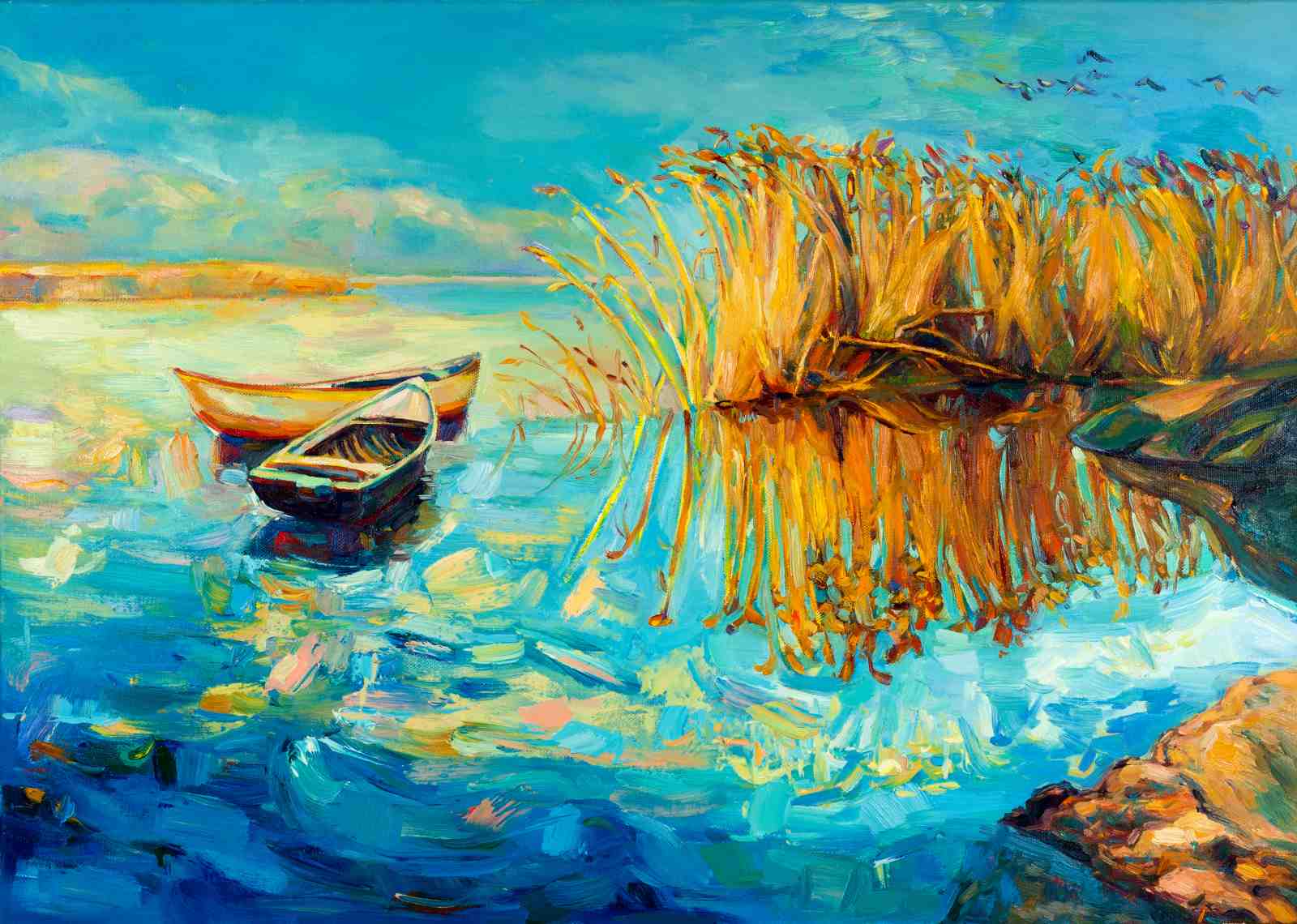 Serene Boats & Reeds Lake View Wall Art