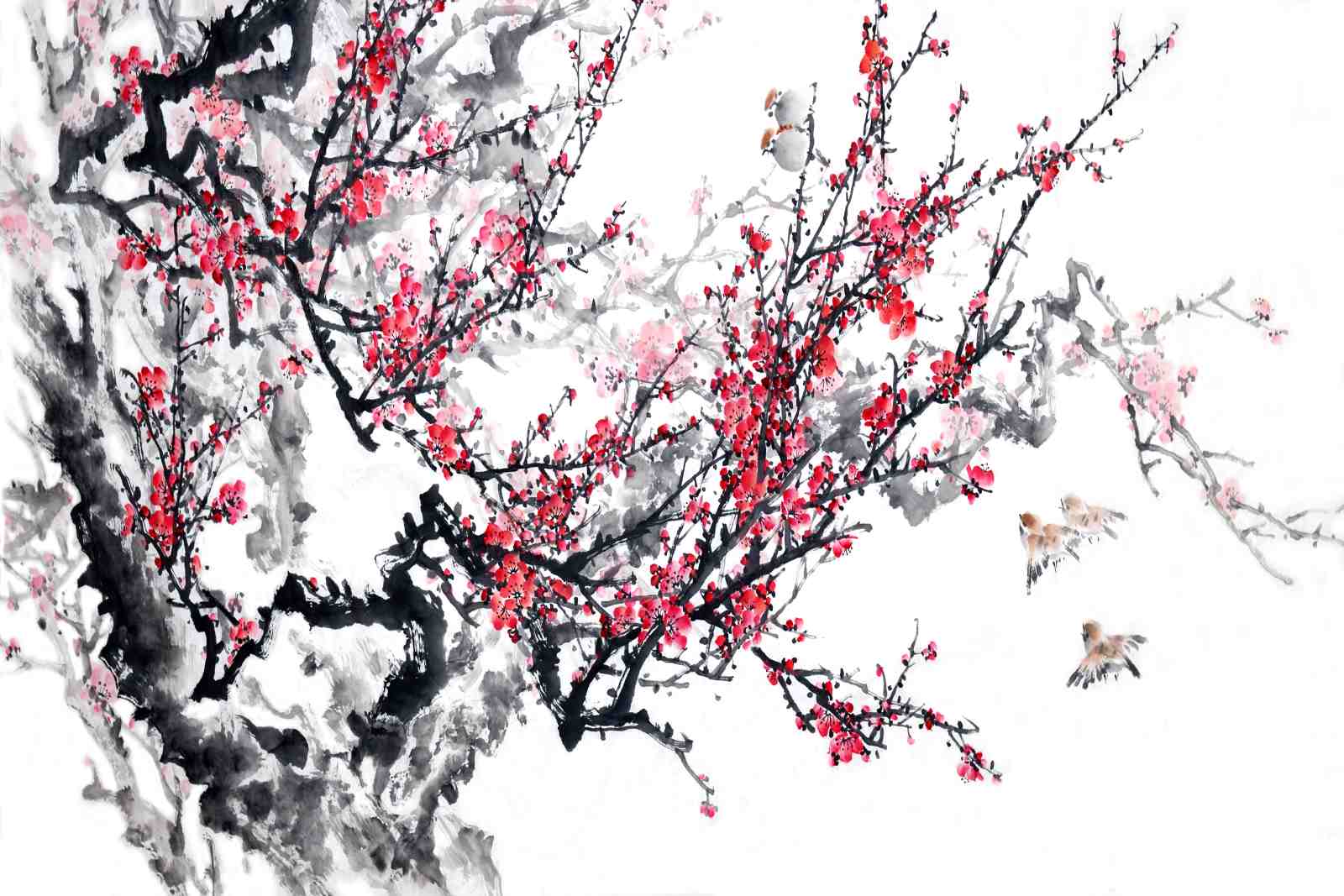 Elegant Red Blossom Birds Ink Wash Wall Art