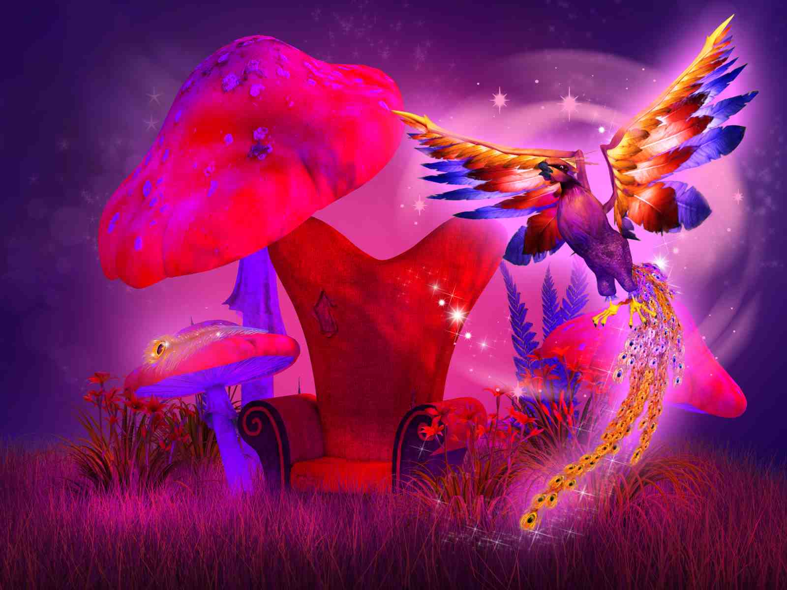 Enchanted Phoenix & Mushroom Realm Wall Art