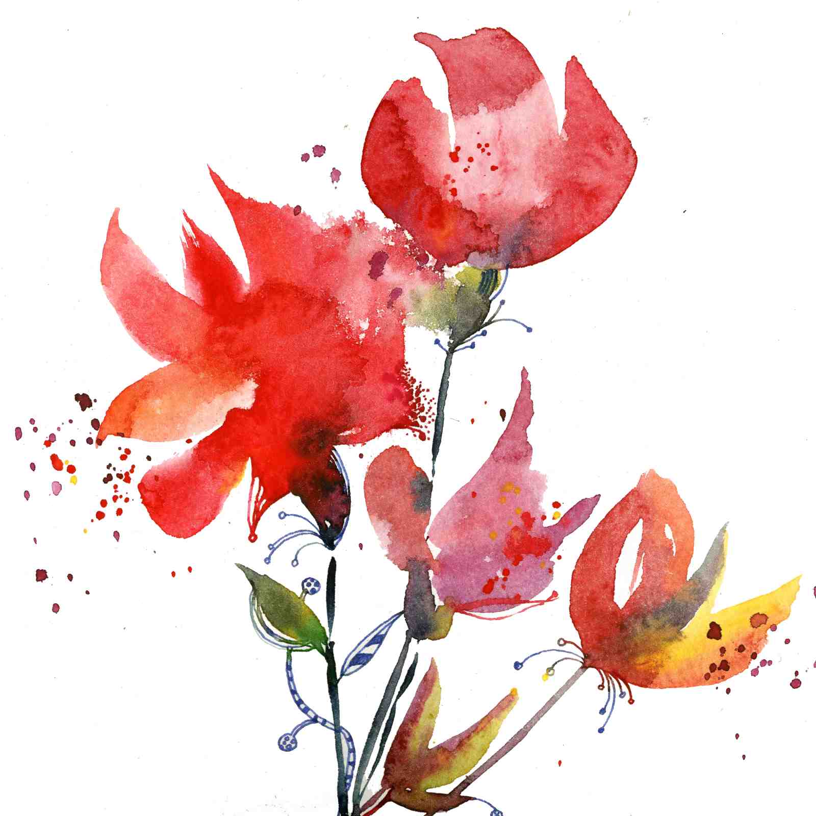 Vibrant Red Floral Watercolor Wall Art