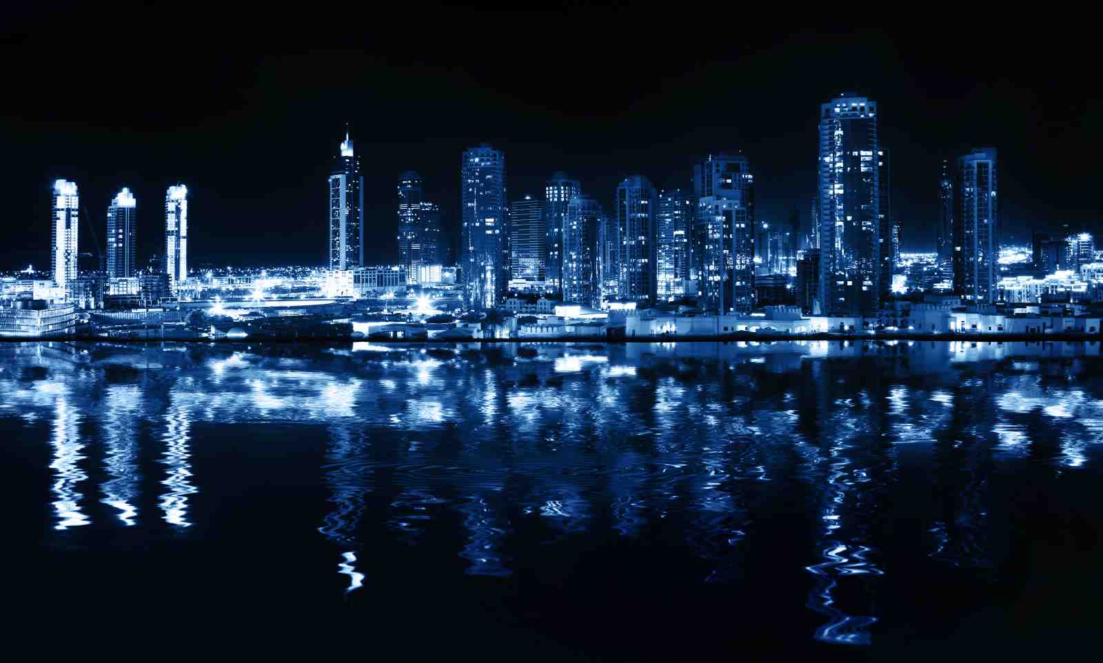 Blue Cityscape Night Reflection Wall Art