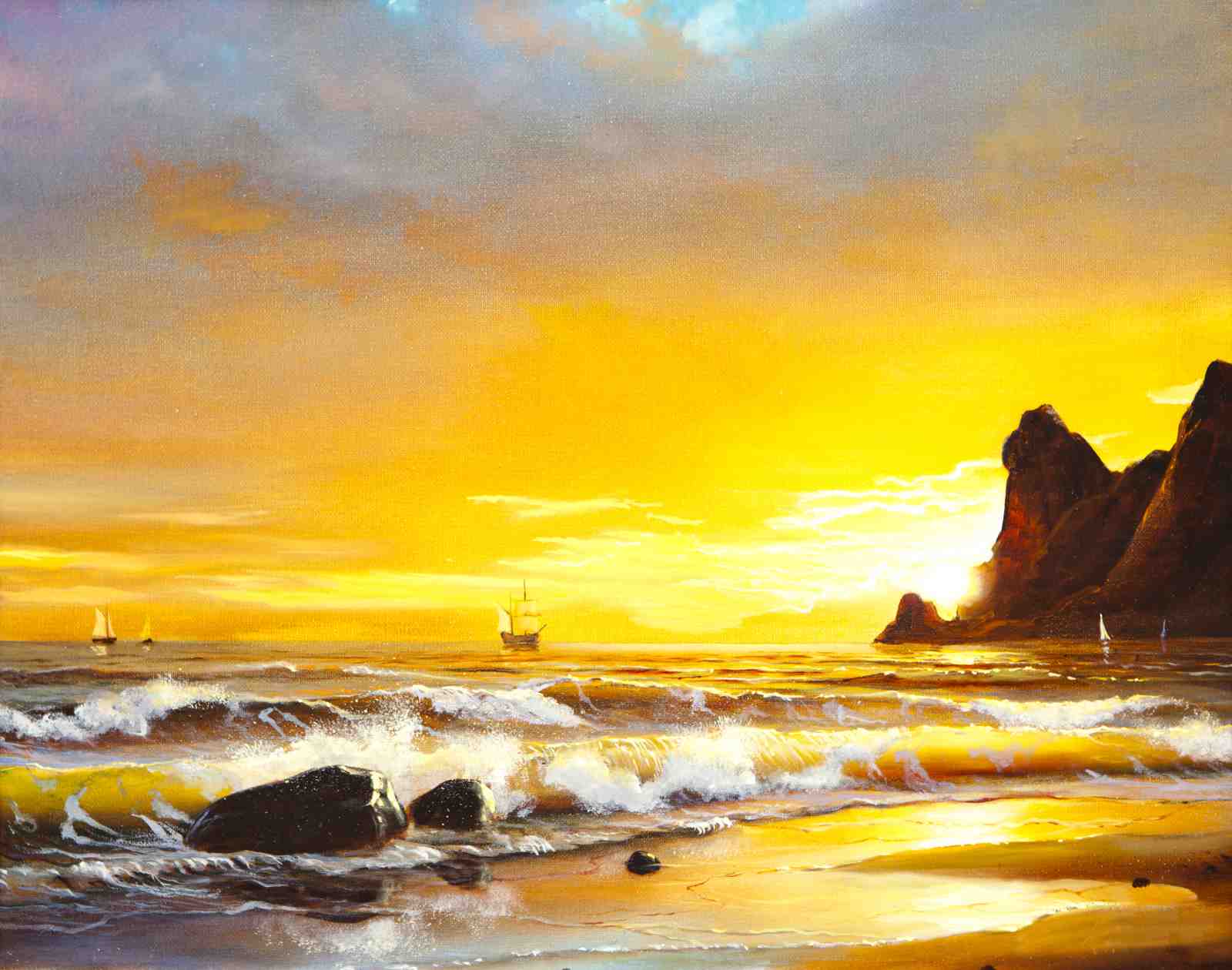 Golden Sunset Sailboat Beach Landscape Wall Art