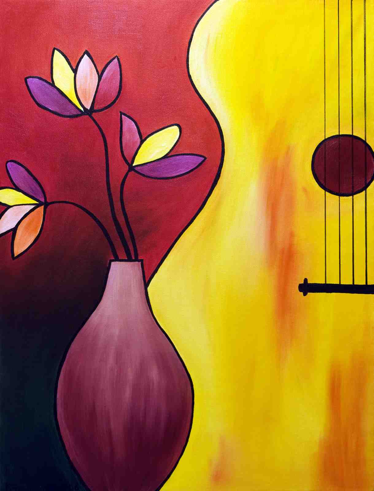 Vibrant Guitar & Flowers Wall Art