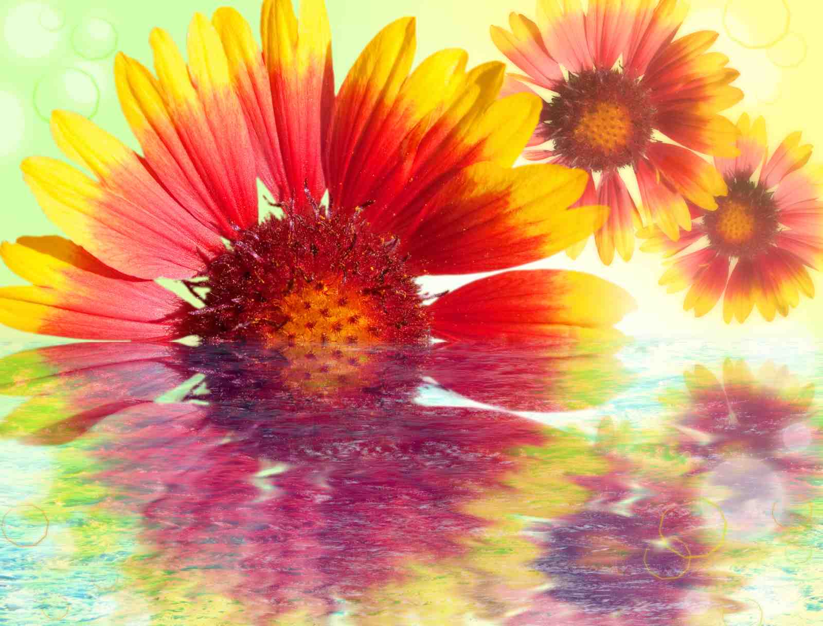 Vibrant Red Yellow Flower Reflection Wall Art