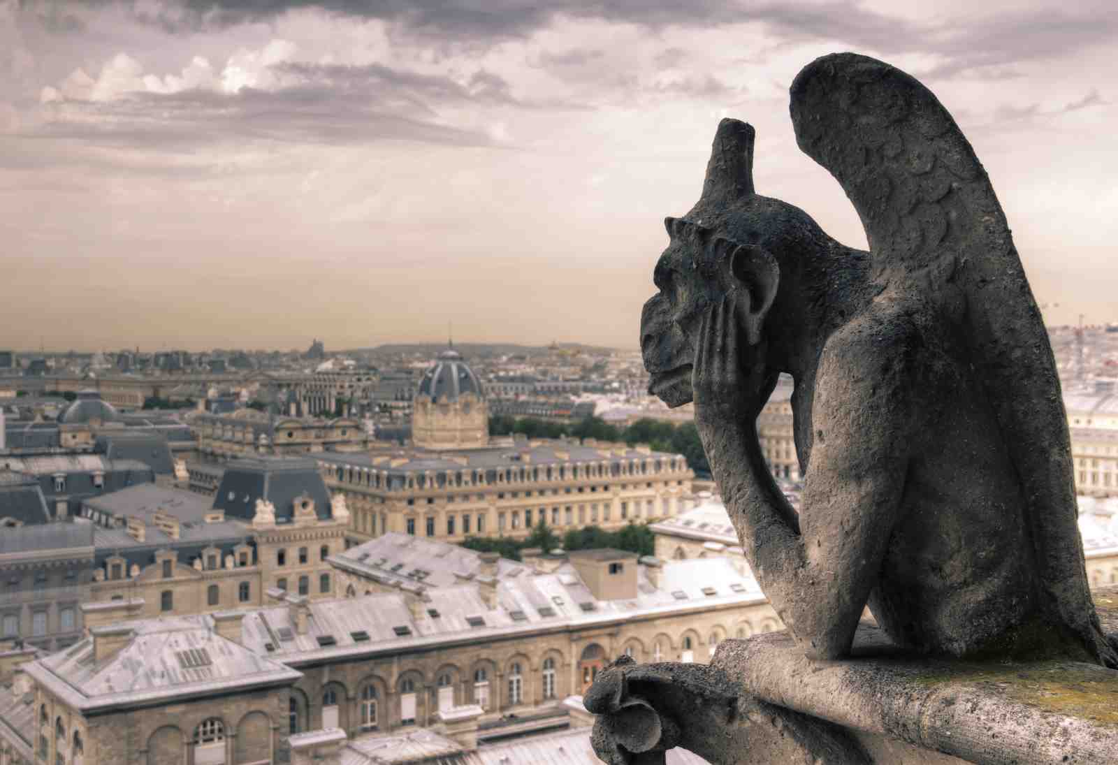 Gargoyle Overlooking Paris Gothic Cityscape Wall Art