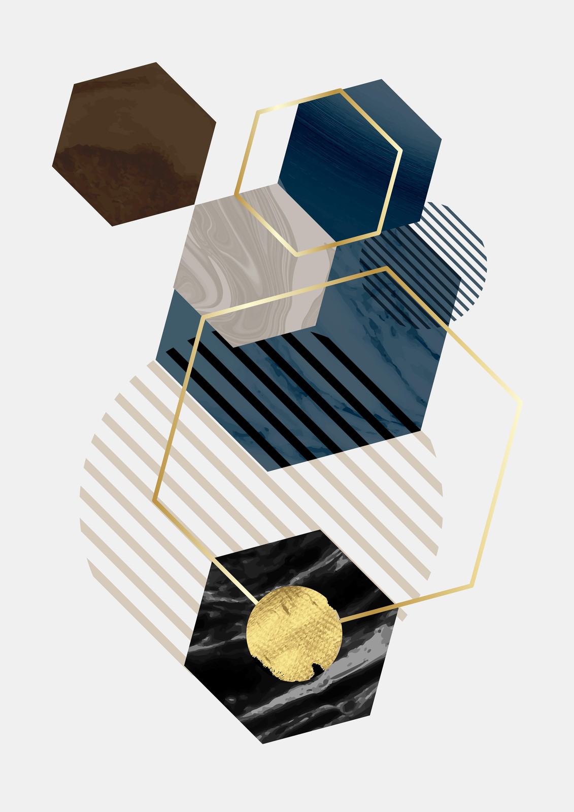 Geometric Abstract Gold & Blue Hexagon Wall Art