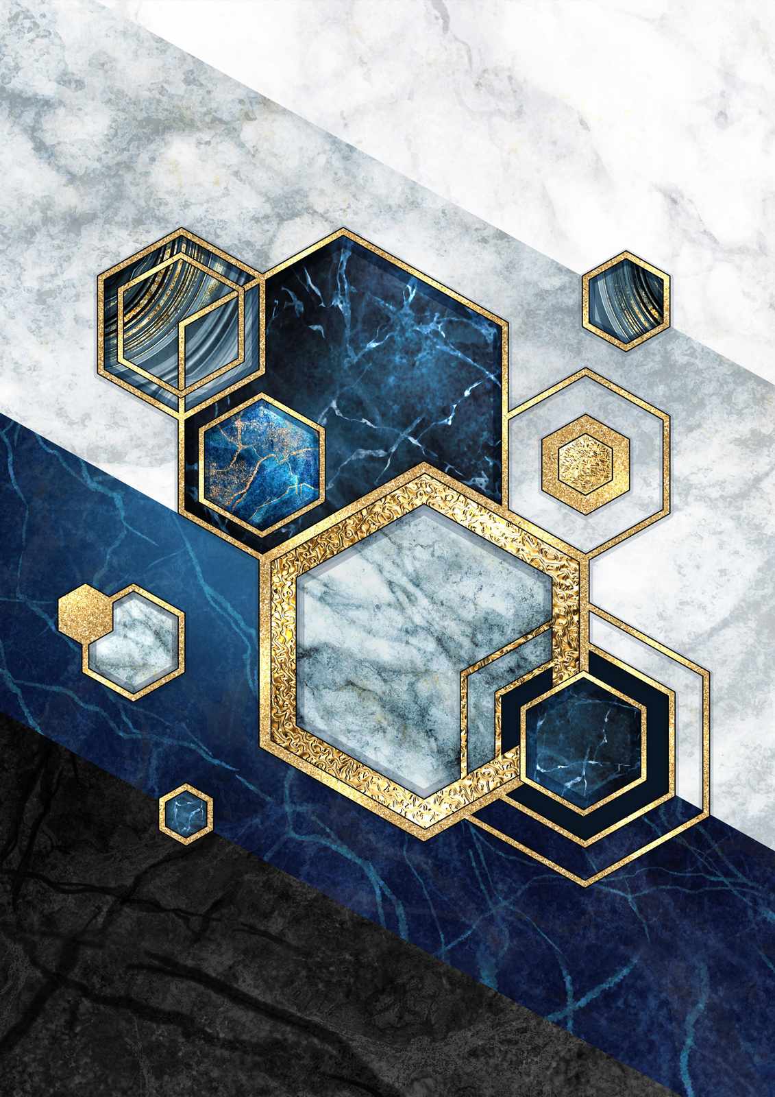 Blue Hexagon Marble Gold Wall Art
