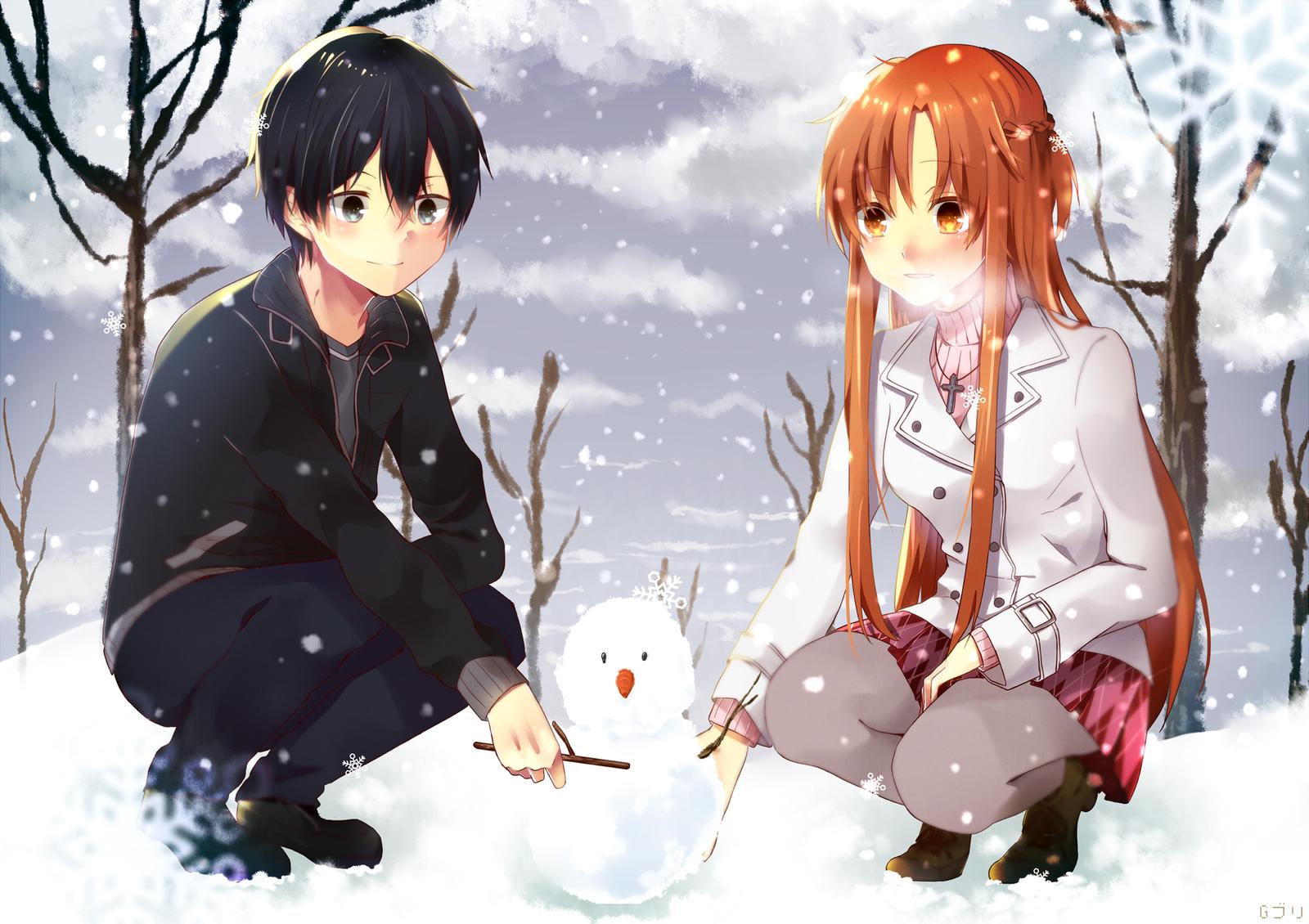 Anime Couple Snowman Winter Romance Wall Art