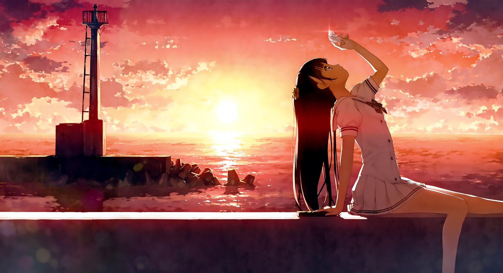 Serene Sunset Lighthouse Anime Wall Art