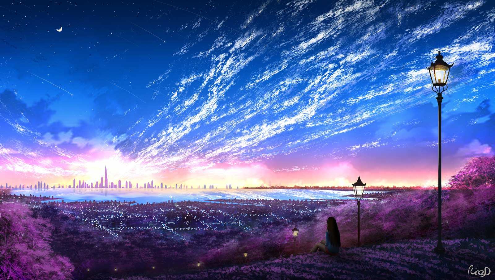 Dreamy Cityscape Sunset Anime Wall Art