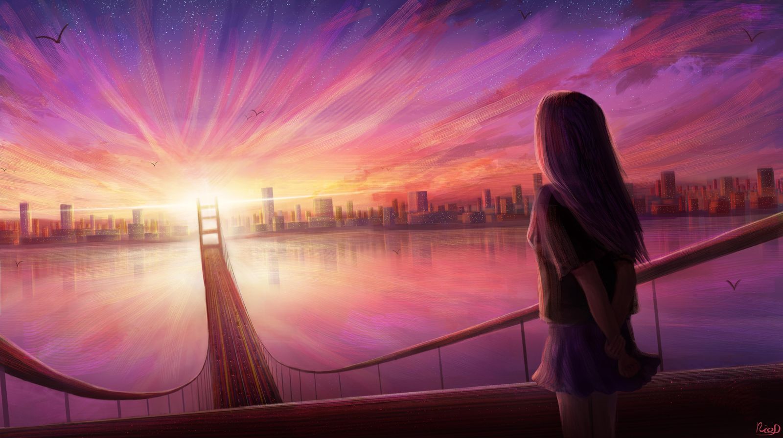 Sunset Cityscape & Serene Girl Wall Art