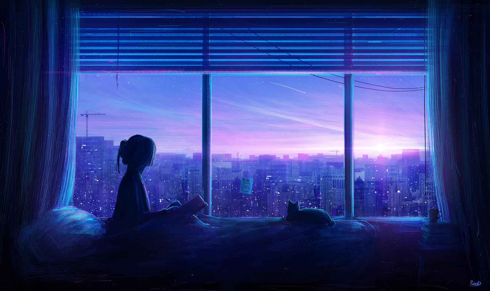 Dreamy Cityscape Girl & Cat Wall Art
