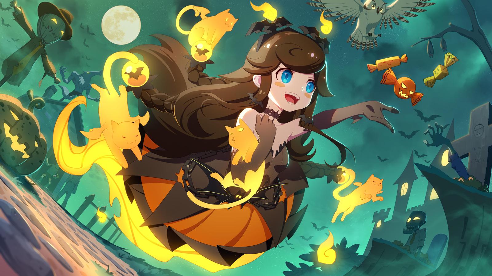 Enchanting Halloween Girl & Cats Wall Art